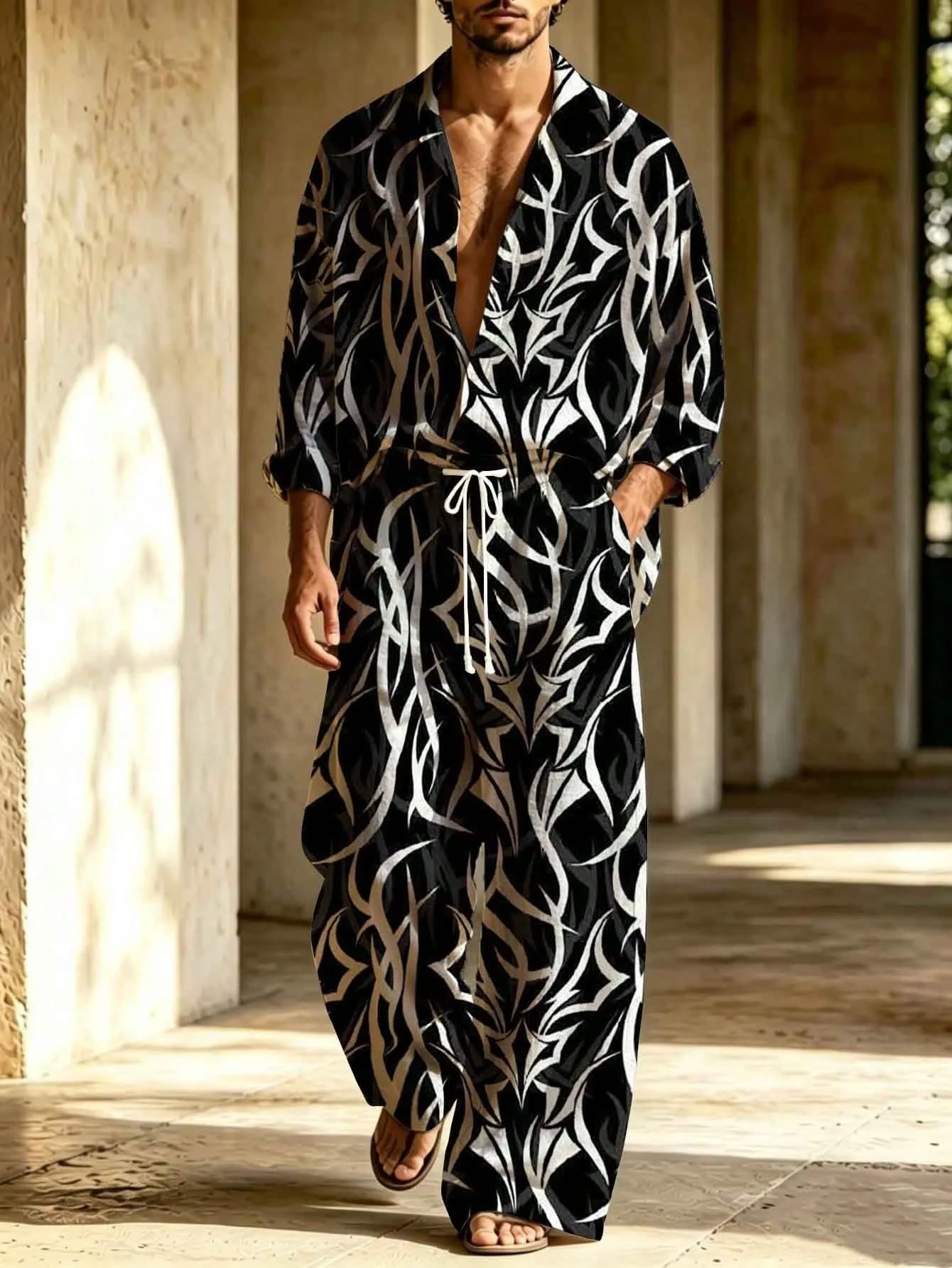 Men's Casual Abstract Thorn Print Two-Piece Set