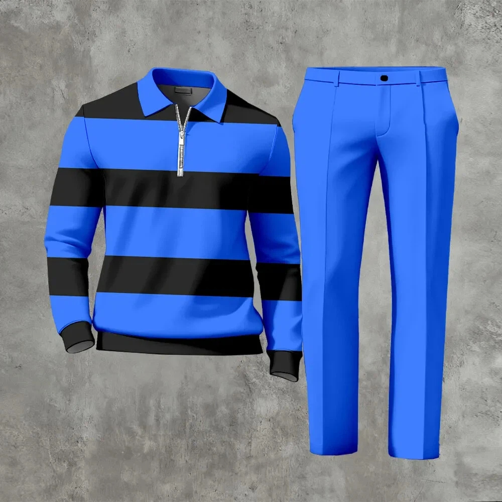 Men's Casual Color Matching Printed Polo-Collar Zipper Long Sleeved Trousers Two-Piece Set