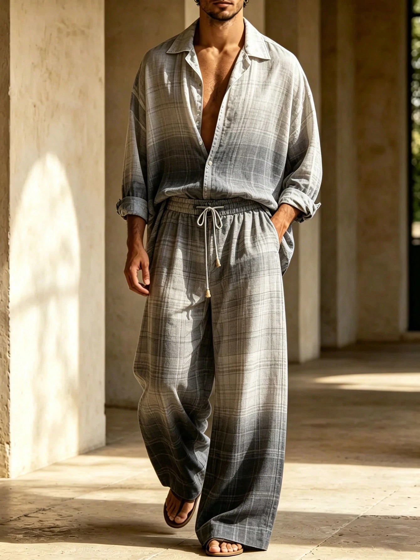 Men's Casual Suit With Gradient Gray Plaid
