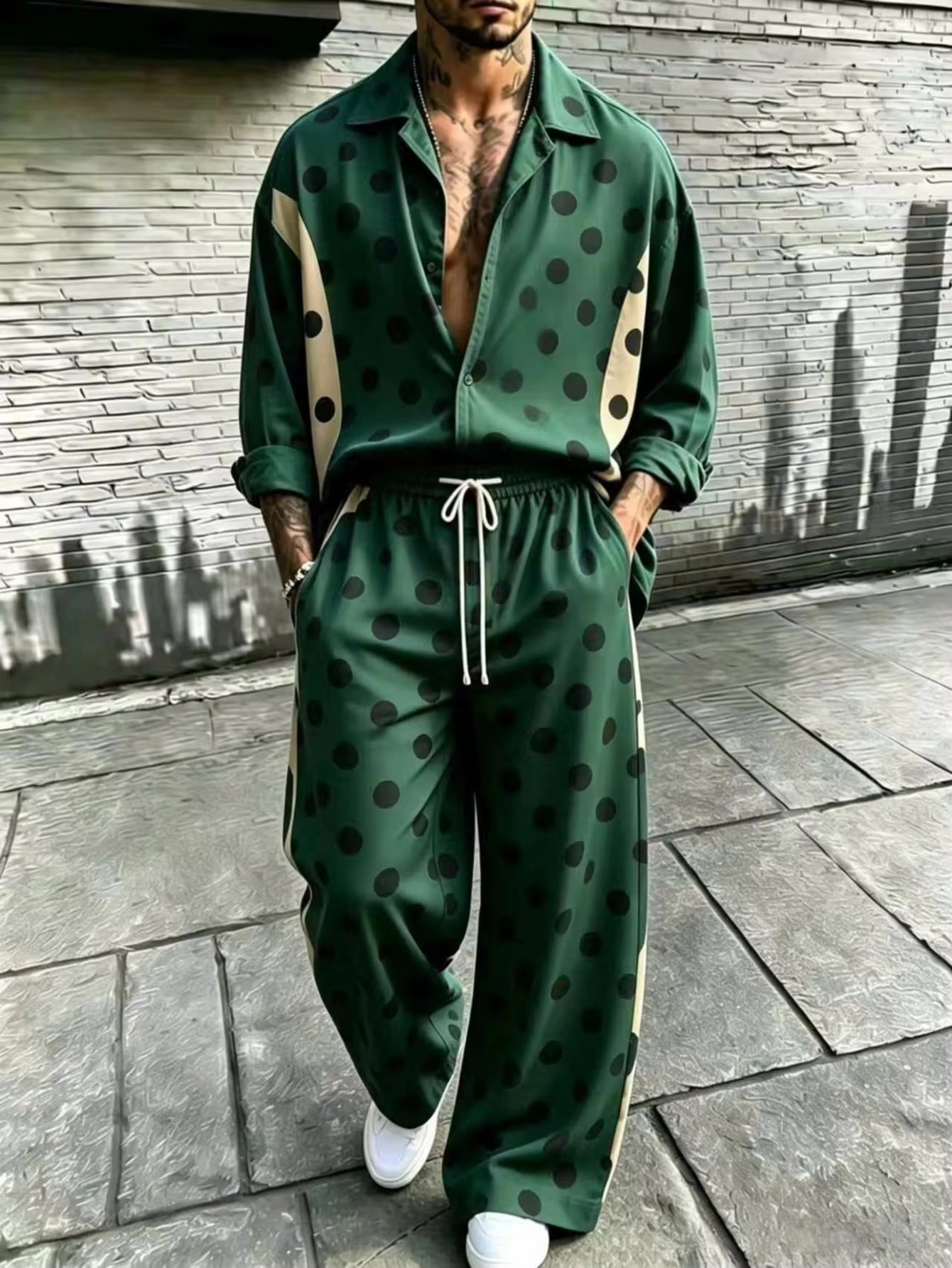 Men's Casual Two-Piece Suit - Digital Print (Non-Embroidered) Vintage Loose Fit, Elastic Waist Drawstring Casual Pants