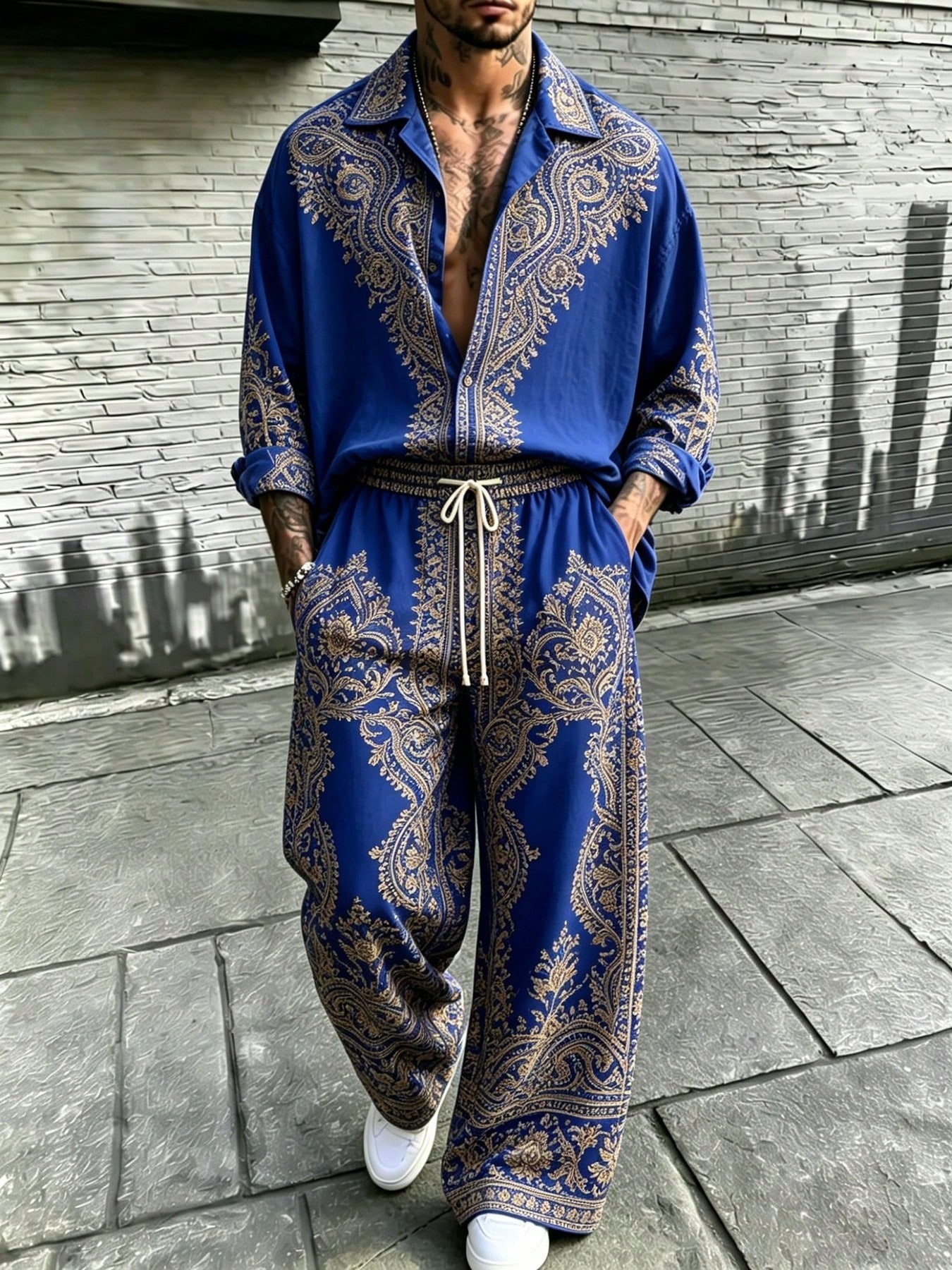 Men's Casual Print Two-Piece Suit -  (Non-Embroidered) Vintage Loose Fit