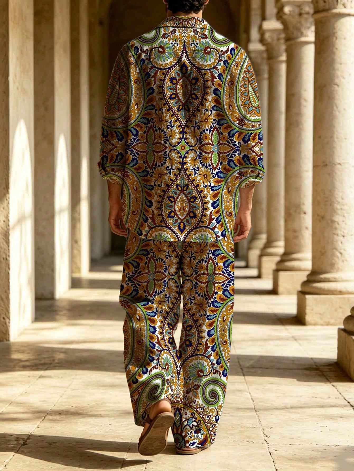 Men's Colorful Paisley Floral Print Collared Long-Sleeve Shirt and Trousers
