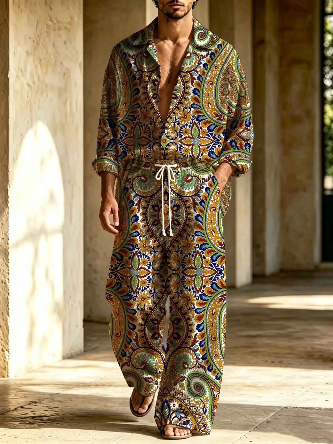 Men's Colorful Paisley Floral Print Collared Long-Sleeve Shirt and Trousers
