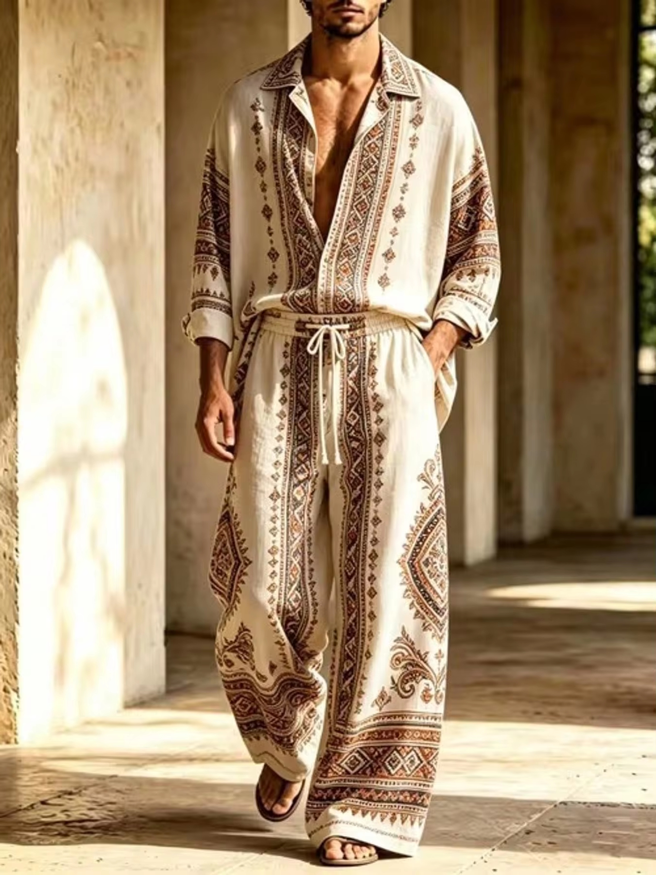 Men's Fashion Casual Geometric Paisley Print Long Sleeve Shirt And Wide-Leg Pants Two-Piece Set