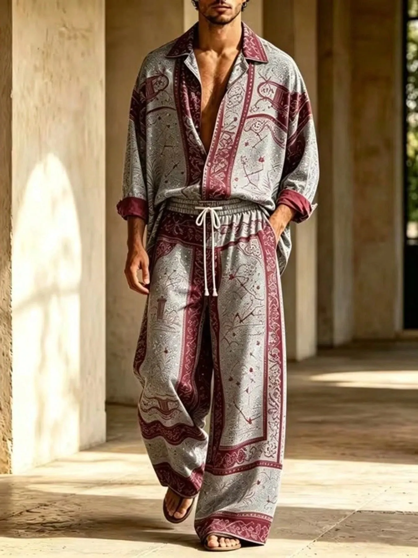 [Copy]Men's Colorful Paisley Floral Print Collared Long-Sleeve Shirt and Trousers
