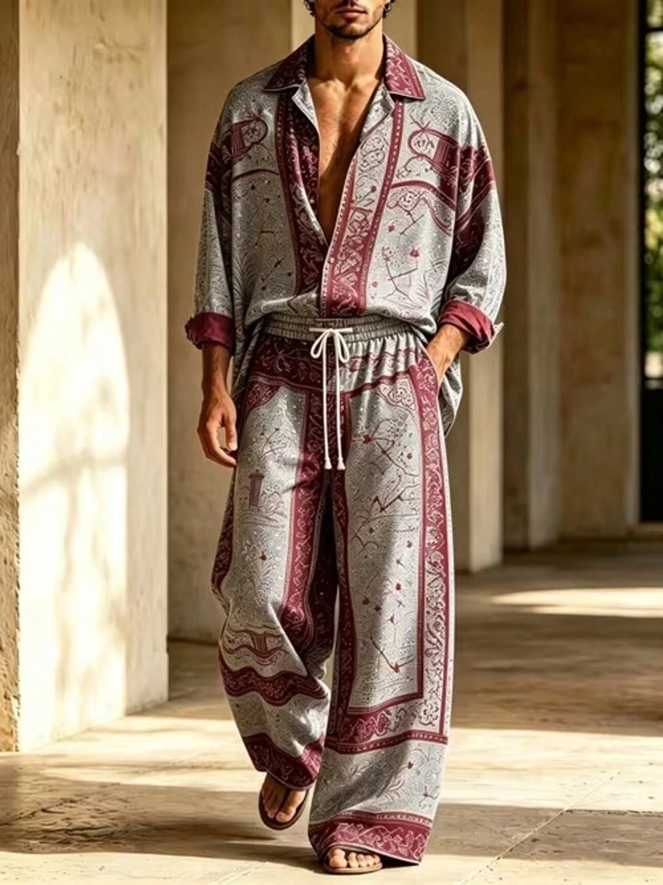 [Copy]Men's Colorful Paisley Floral Print Collared Long-Sleeve Shirt and Trousers