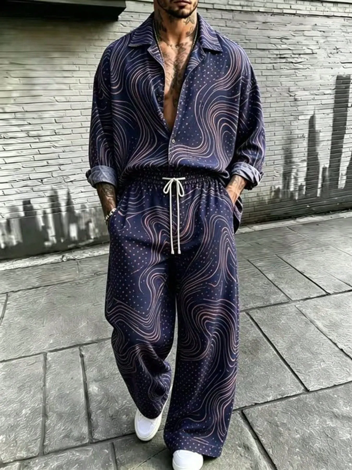 Men's Fashion Casual Street Style Polka Print Loose Shirt And Wide-Leg Pants Two Piece Set