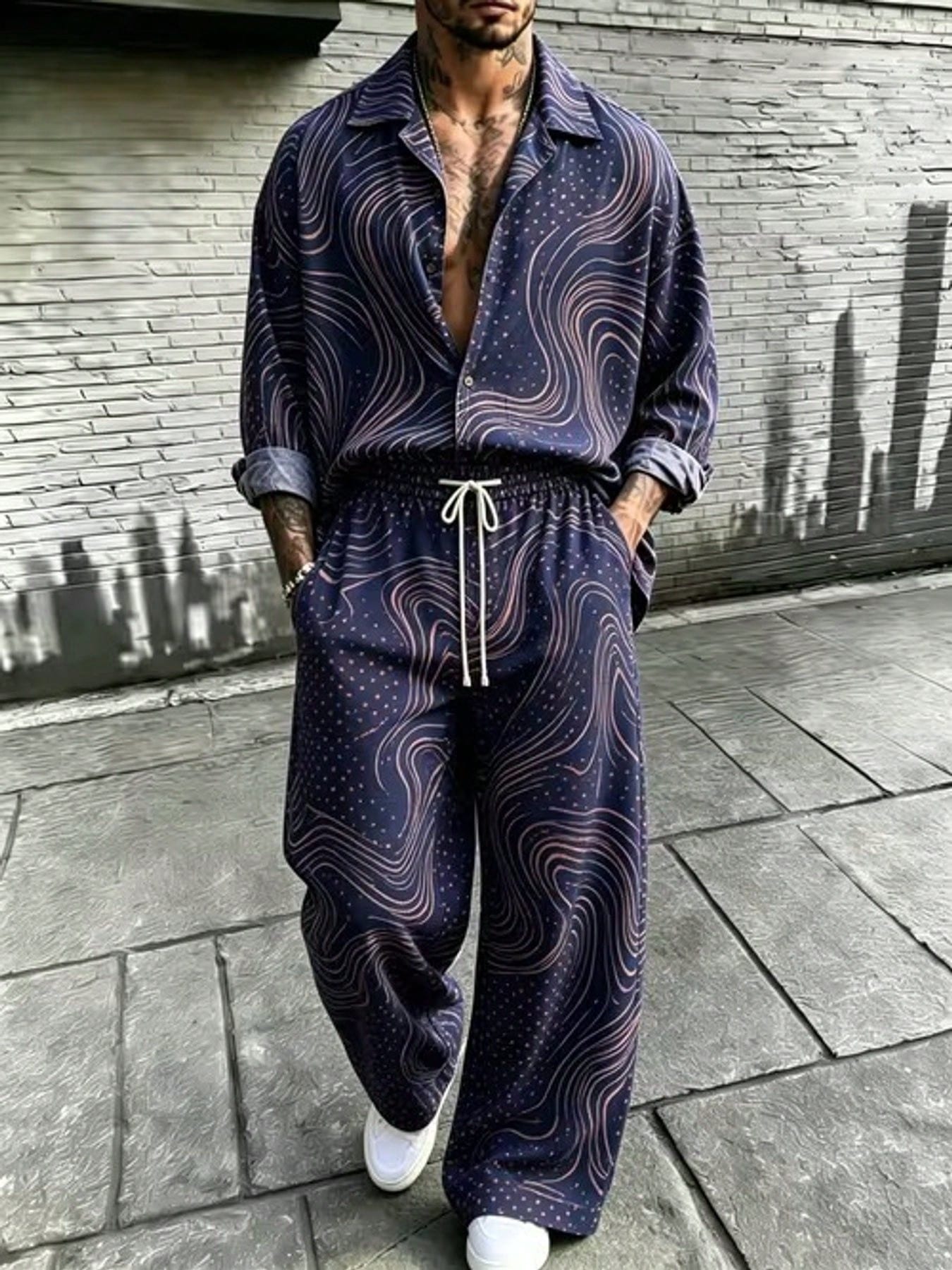 Men's Fashion Casual Street Style Polka Print Loose Shirt And Wide-Leg Pants Two Piece Set