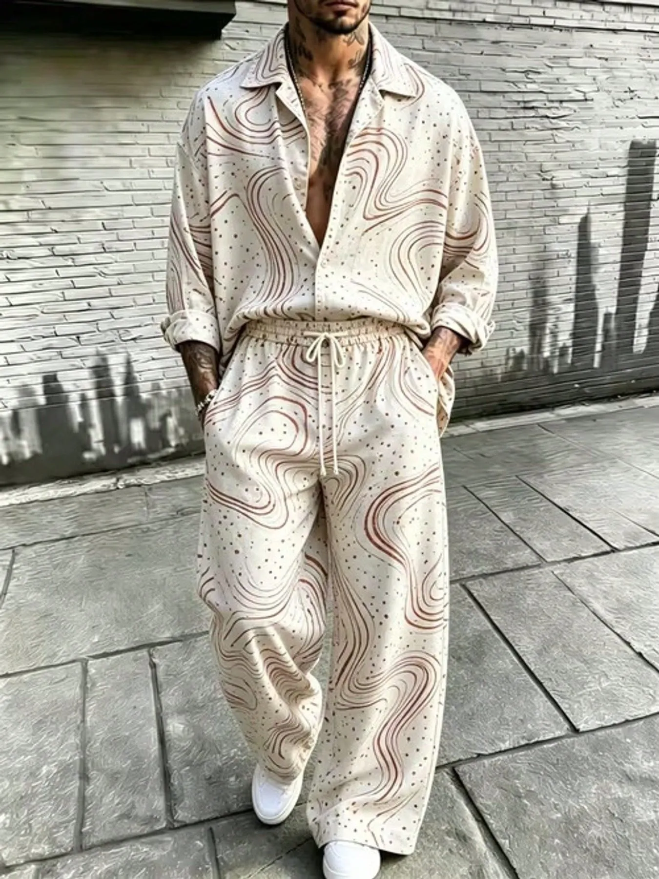 Men's Fashion Casual Street Style Swirl Polka Print Loose Shirt And Wide-Leg Pants Two Piece Set