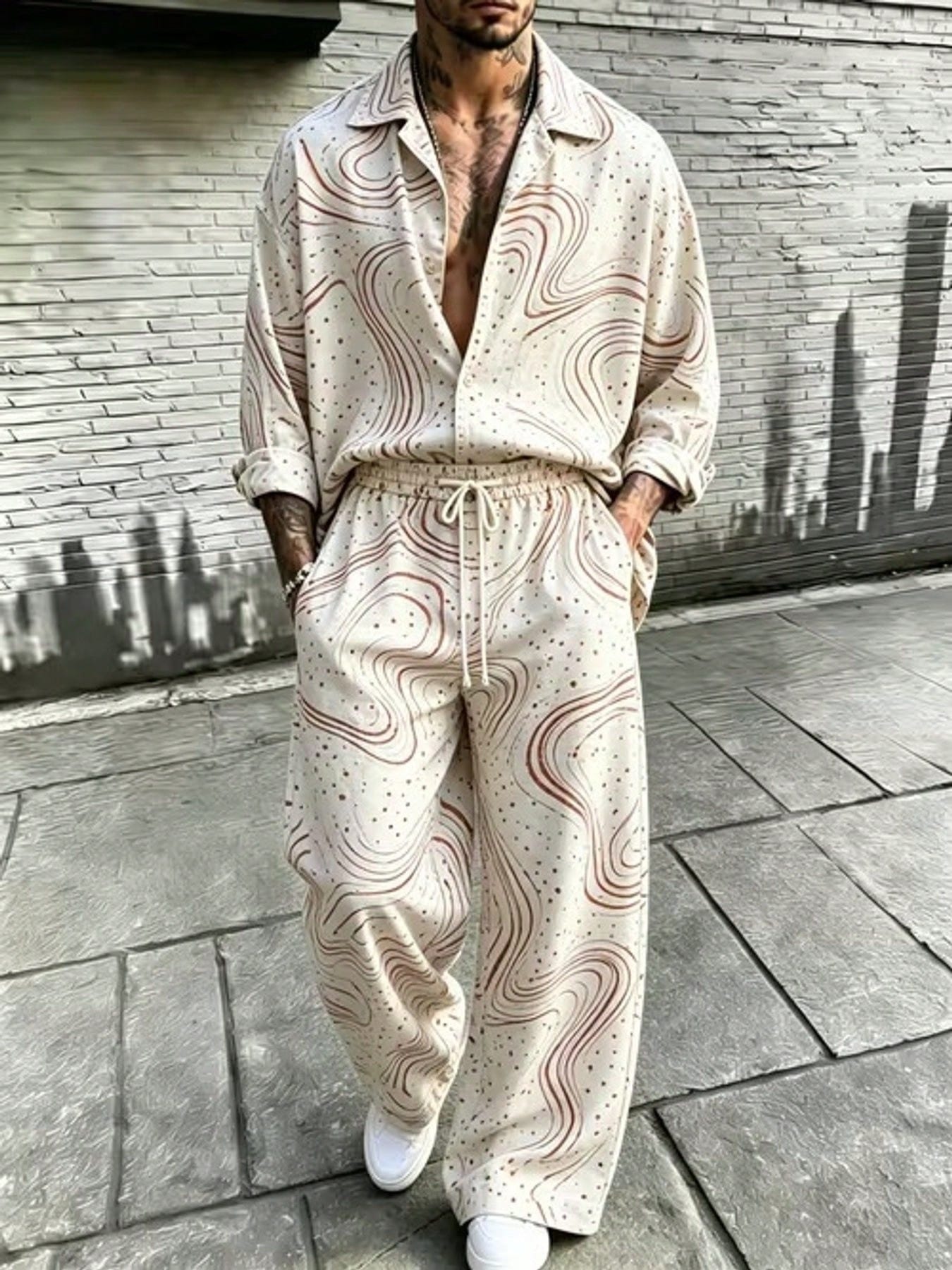 Men's Fashion Casual Street Style Swirl Polka Print Loose Shirt And Wide-Leg Pants Two Piece Set