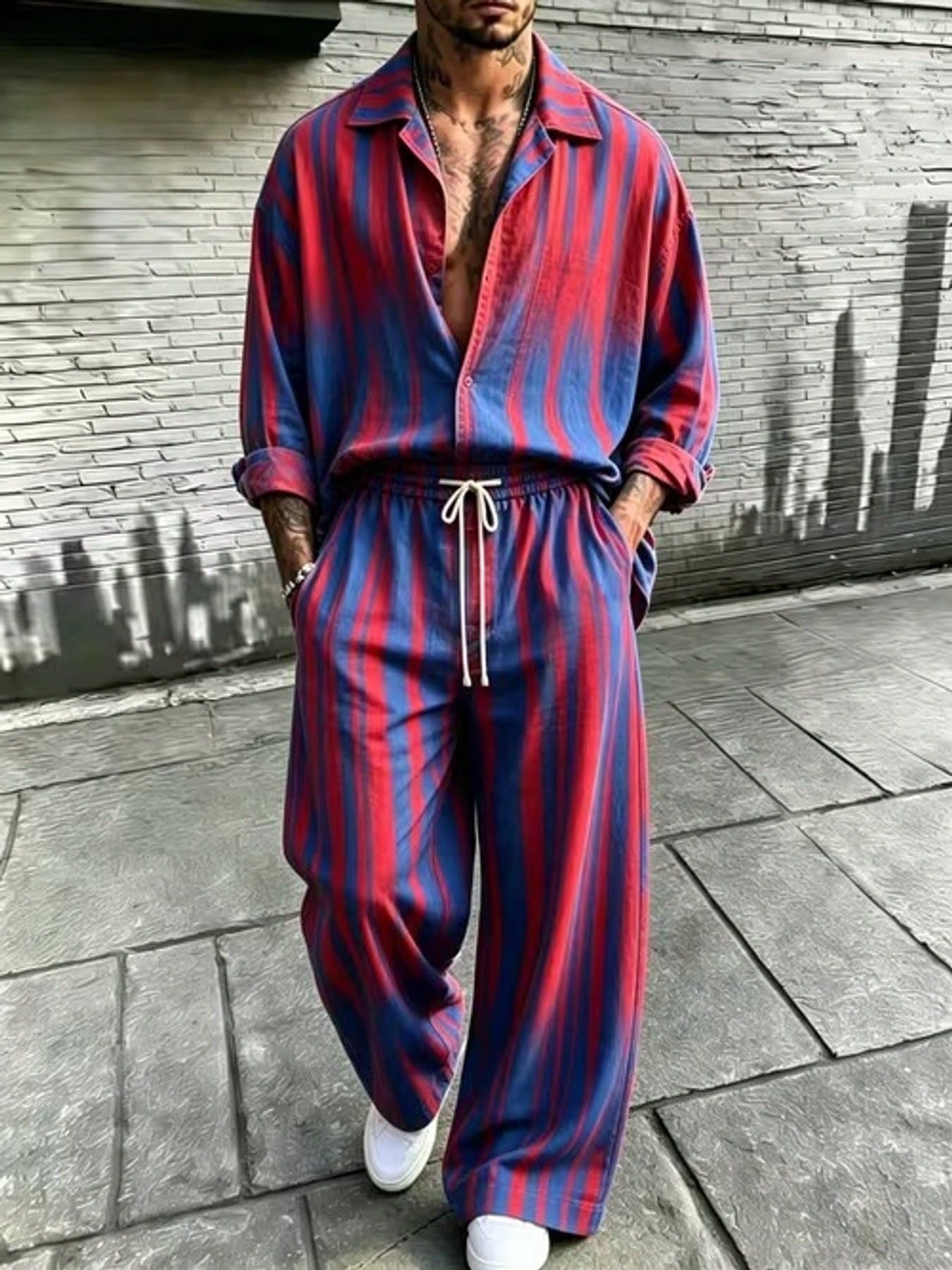 Men's Fashionable Street Style Casual Striped Print Two-Piece Set 