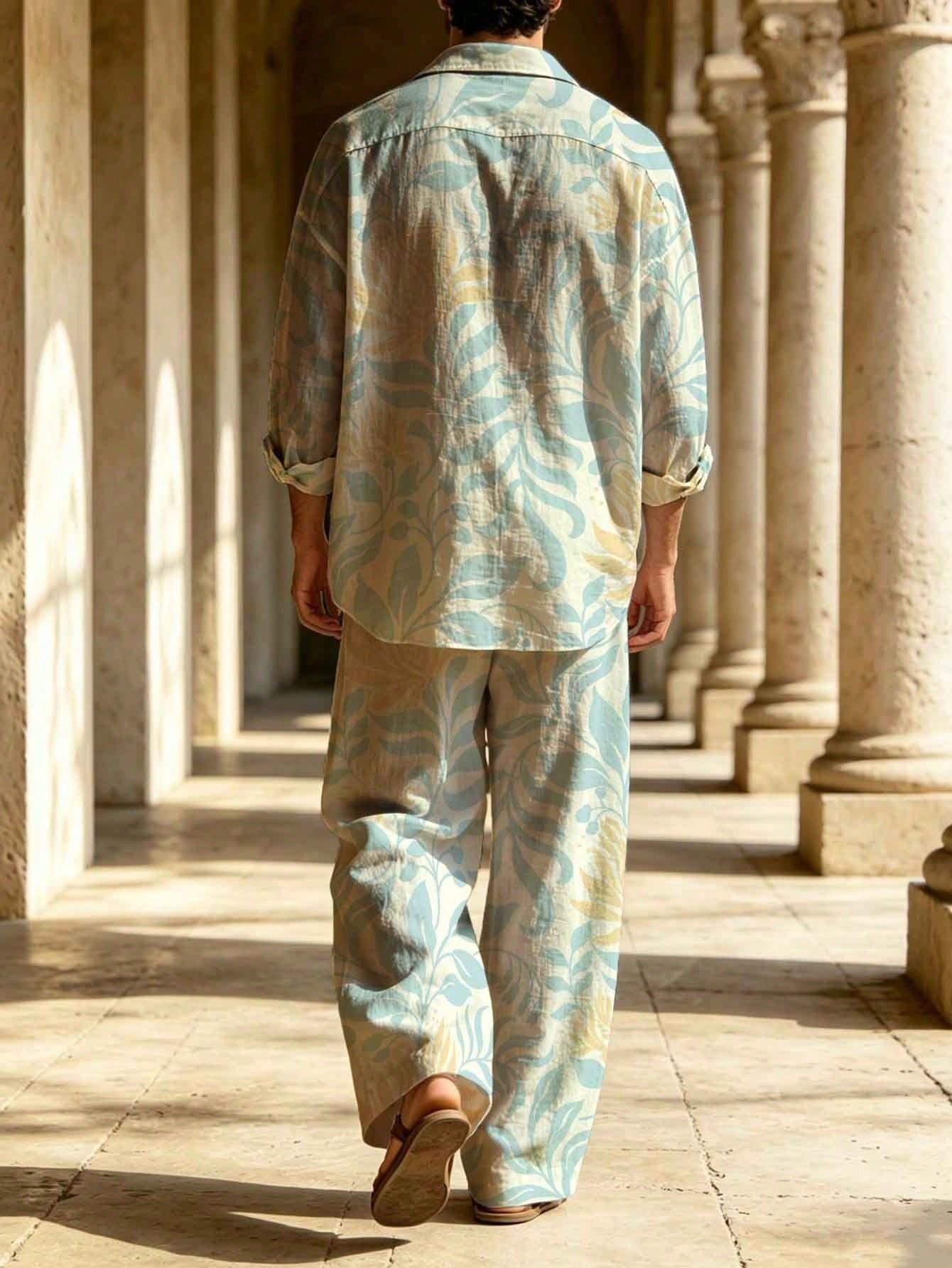 Men's Light Blue And Yellow Contrast Vintage Floral Print Collared Long-Sleeve Shirts and Trousers Two-Piece