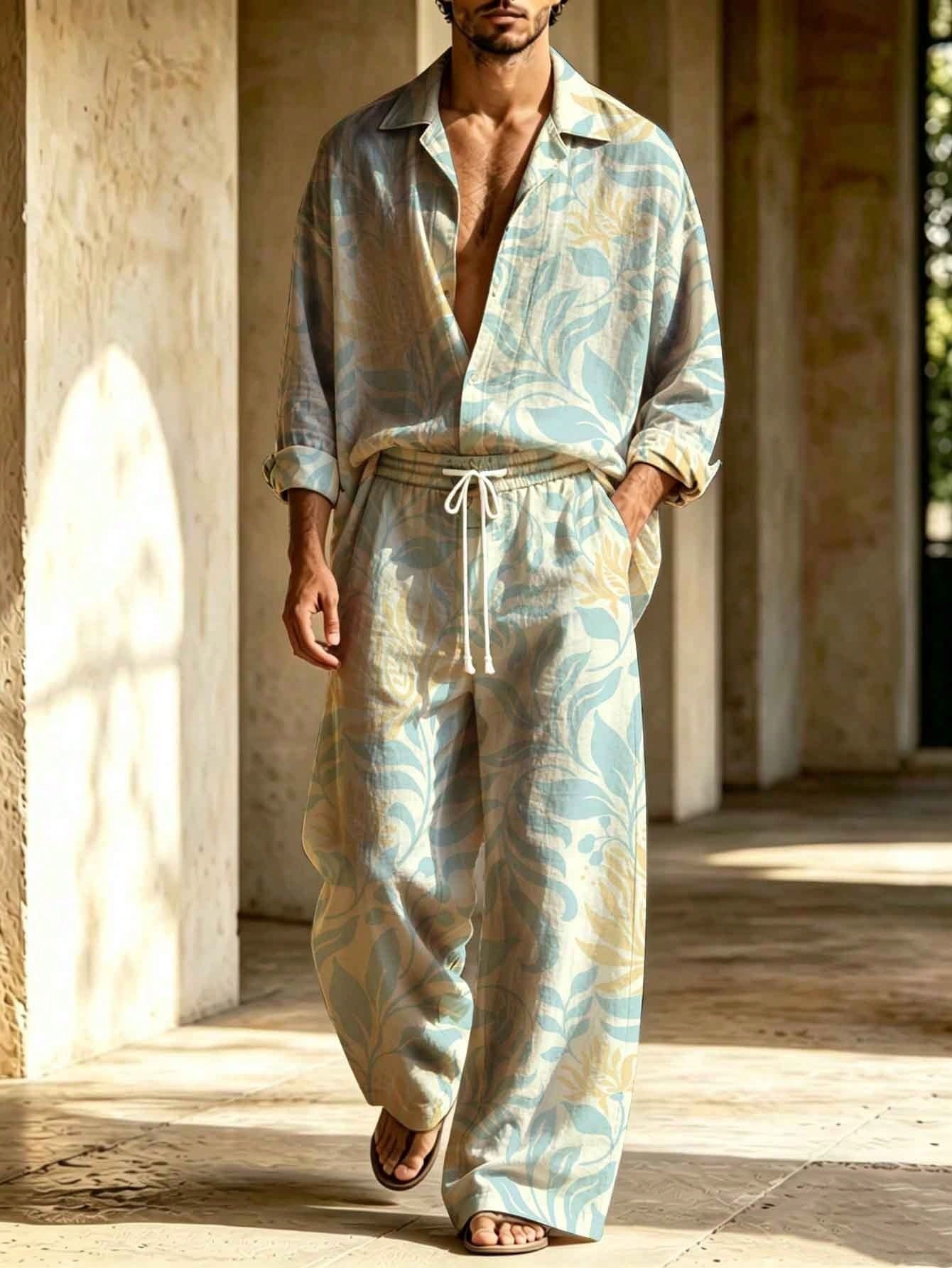 Men's Light Blue And Yellow Contrast Vintage Floral Print Collared Long-Sleeve Shirts and Trousers Two-Piece