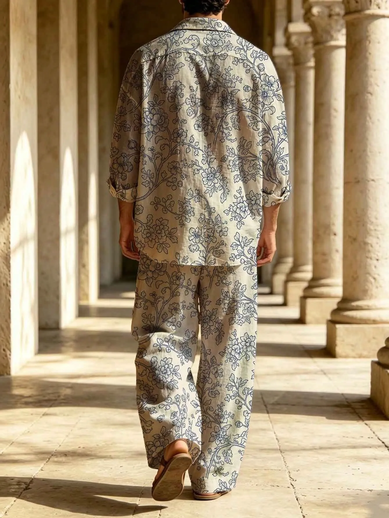 Men's Light Blue Floral Print Long-Sleeve Shirt With A Turn-Down Collar Two-Piece Set