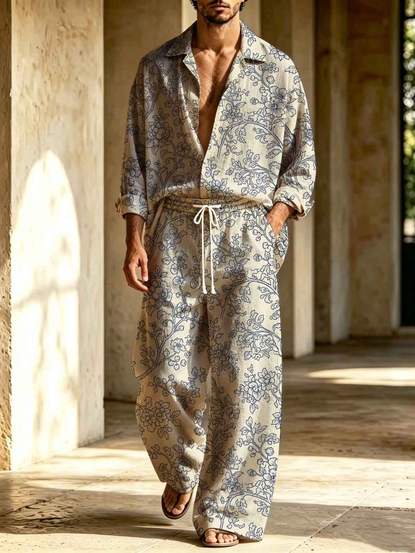 Men's Light Blue Floral Print Long-Sleeve Shirt With A Turn-Down Collar Two-Piece Set