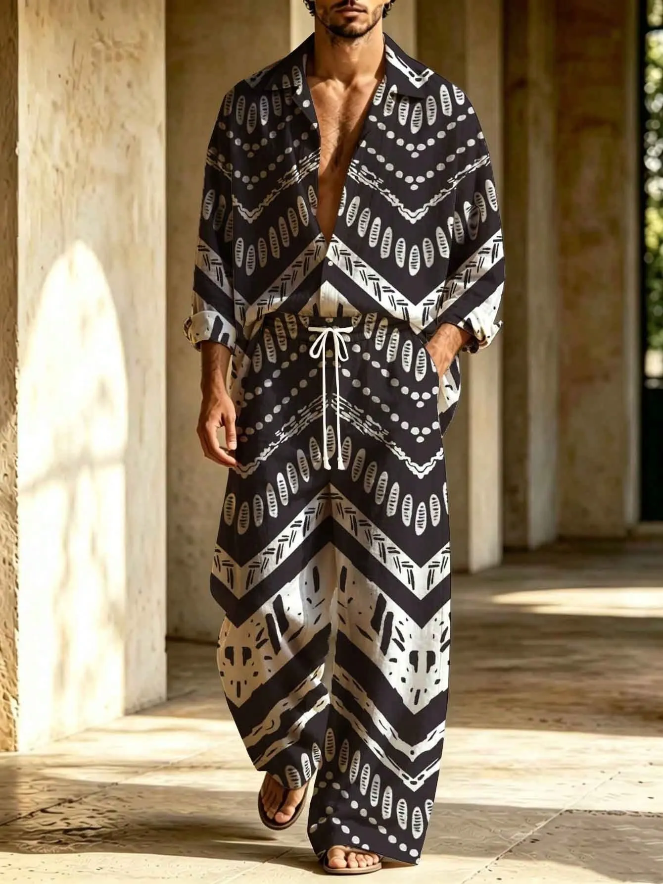 Men's Linen Black And White Print Long-Sleeve Shirt With Turn-Down Collar + Drawstring Wide-Leg Pants Two-Piece Set