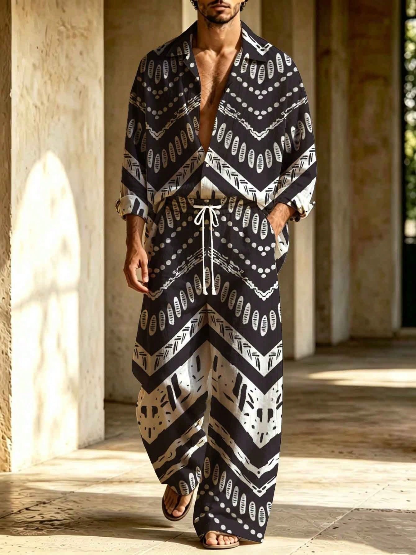 Men's Linen Black And White Print Long-Sleeve Shirt With Turn-Down Collar + Drawstring Wide-Leg Pants Two-Piece Set