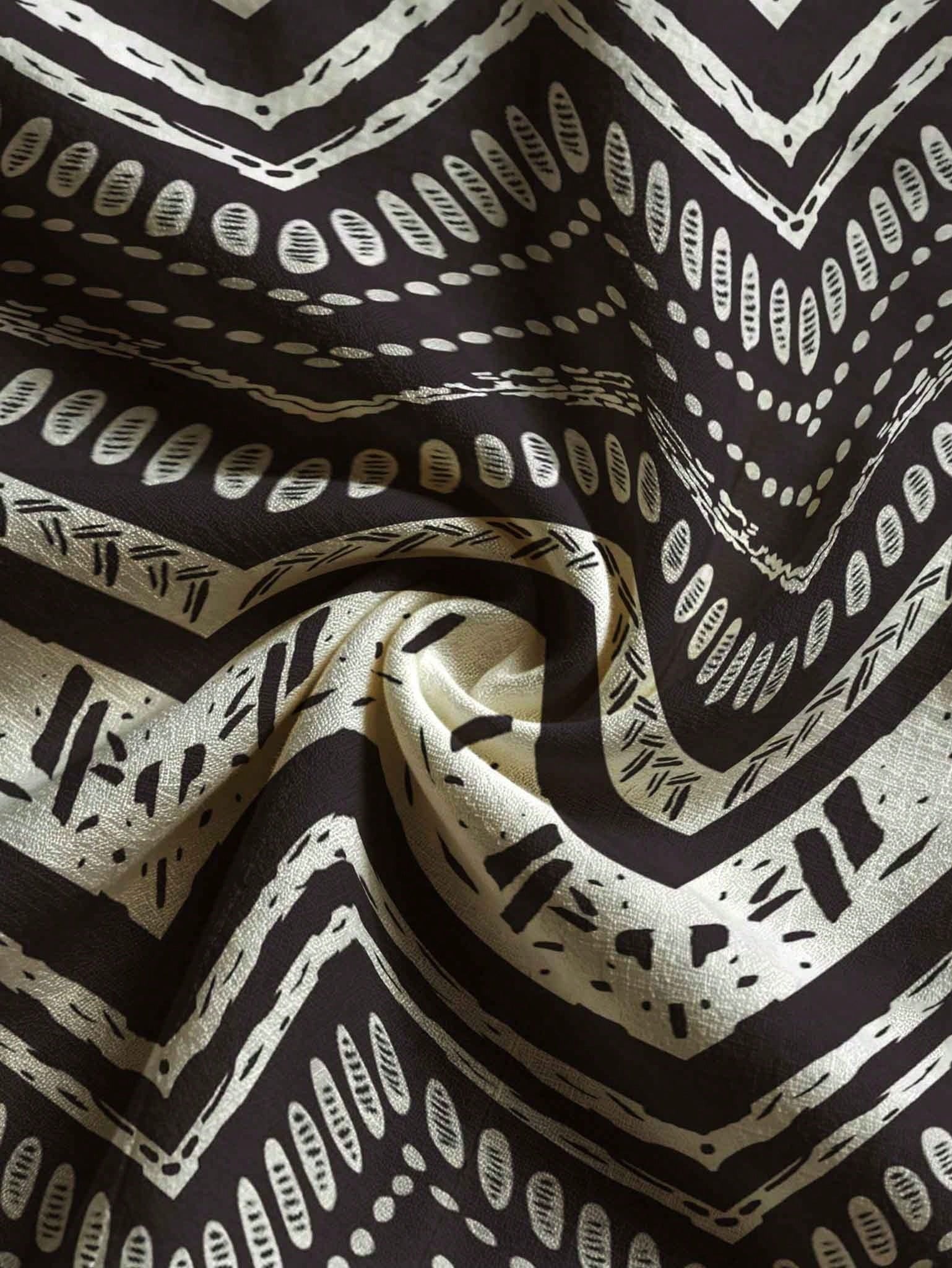 Men's Linen Black And White Print Long-Sleeve Shirt With Turn-Down Collar + Drawstring Wide-Leg Pants Two-Piece Set