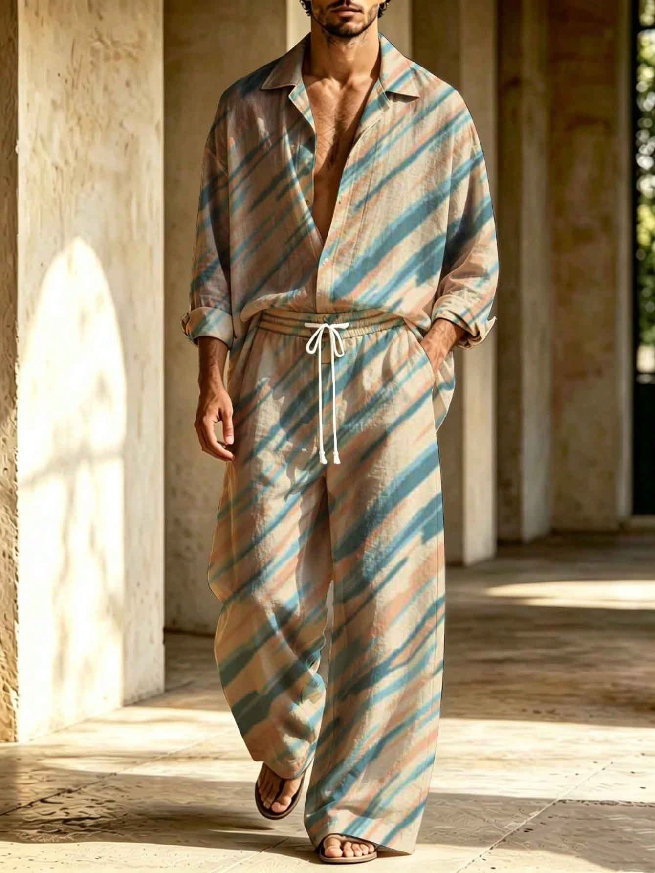 Men's Linen Blue And Pink Twill Printed Long-Sleeve Shirt With A Turn-Down Collar + Drawstring Wide-Leg Pants Two-Piece Set.
