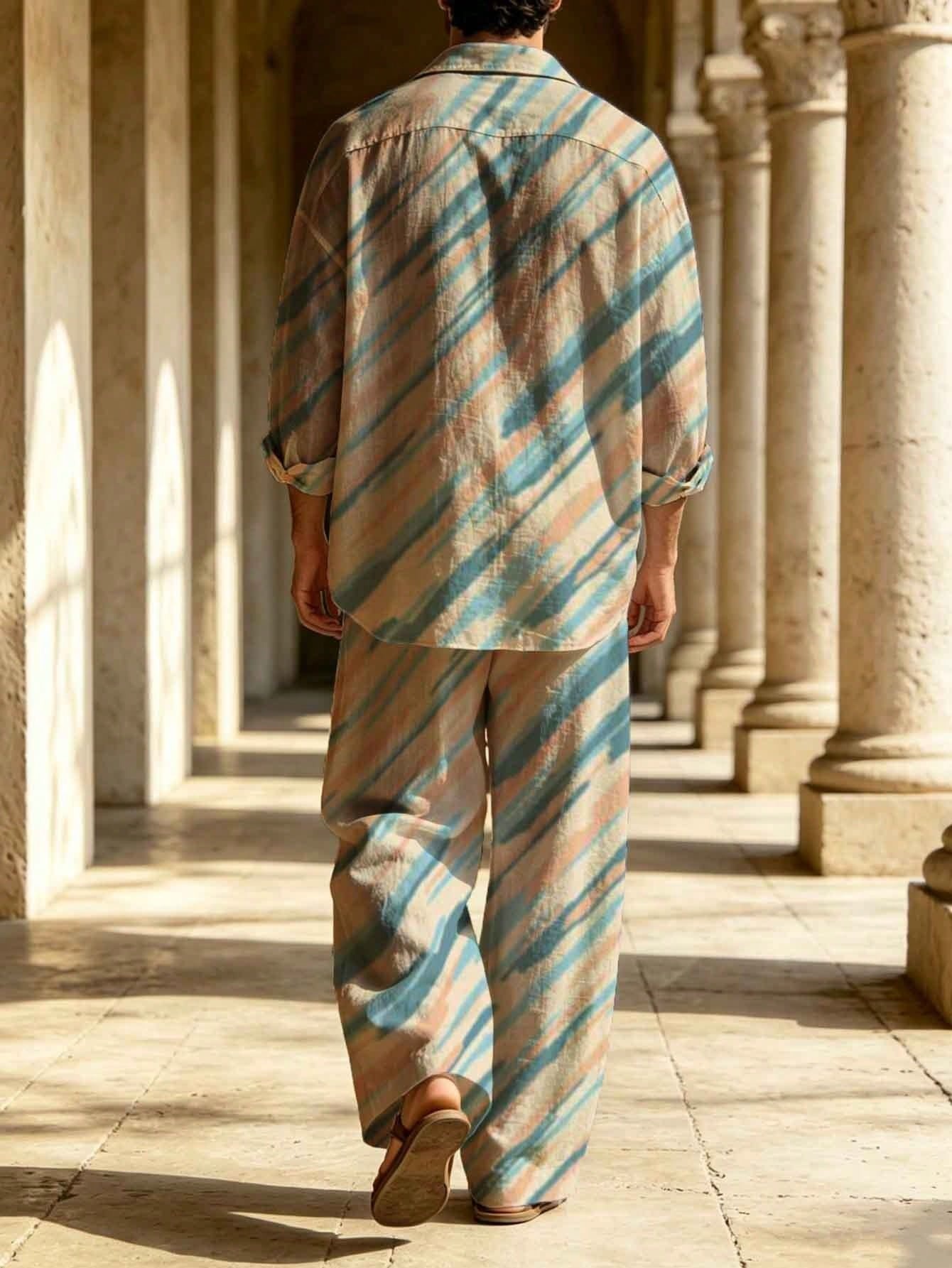 Men's Linen Blue And Pink Twill Printed Long-Sleeve Shirt With A Turn-Down Collar + Drawstring Wide-Leg Pants Two-Piece Set.