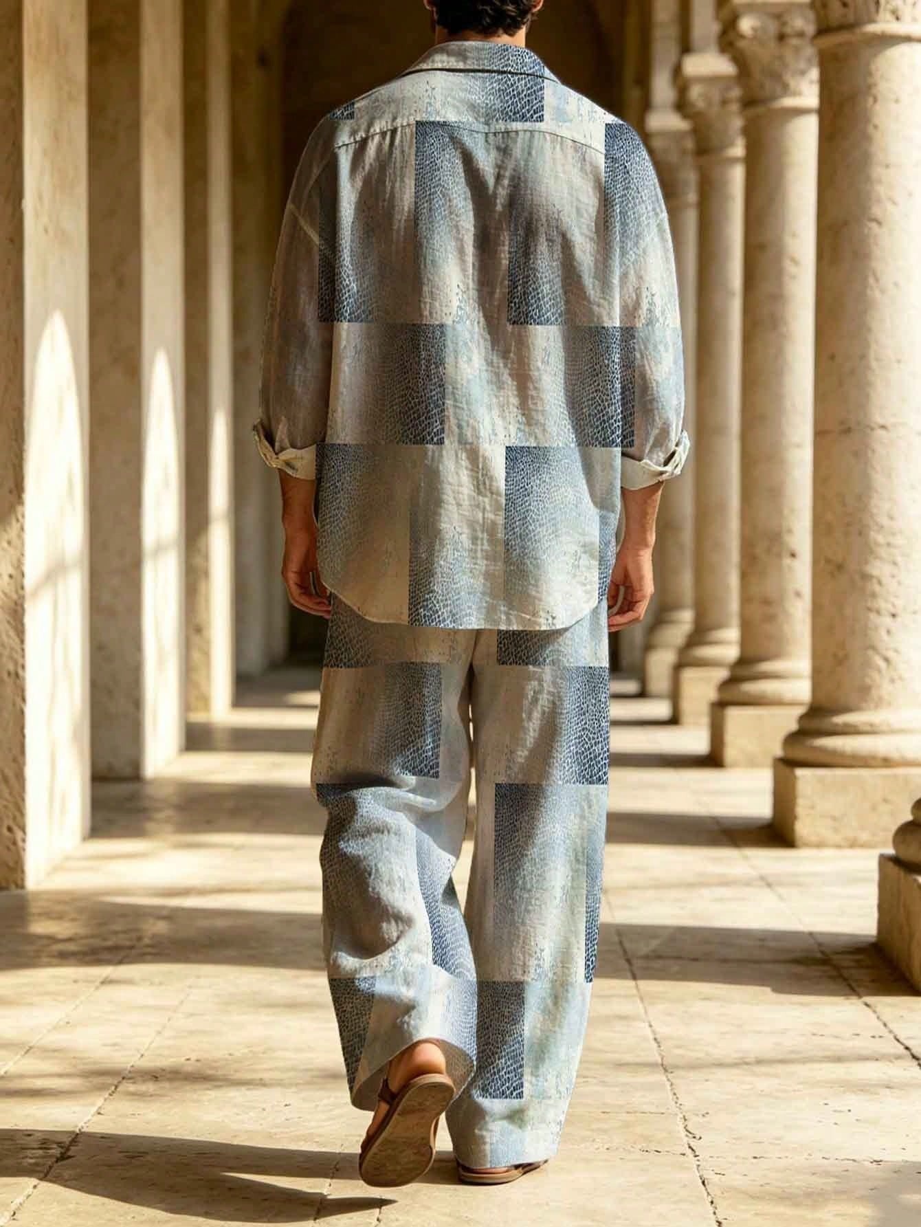 [Copy]Men's Linen Blue And Pink Twill Printed Long-Sleeve Shirt With A Turn-Down Collar + Drawstring Wide-Leg Pants Two-Piece Set.