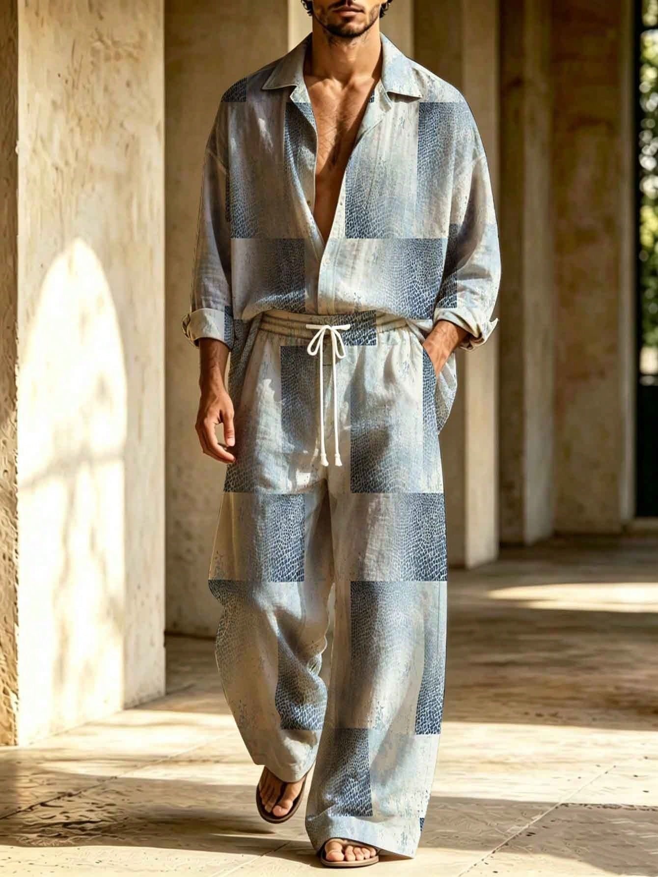 [Copy]Men's Linen Blue And Pink Twill Printed Long-Sleeve Shirt With A Turn-Down Collar + Drawstring Wide-Leg Pants Two-Piece Set.
