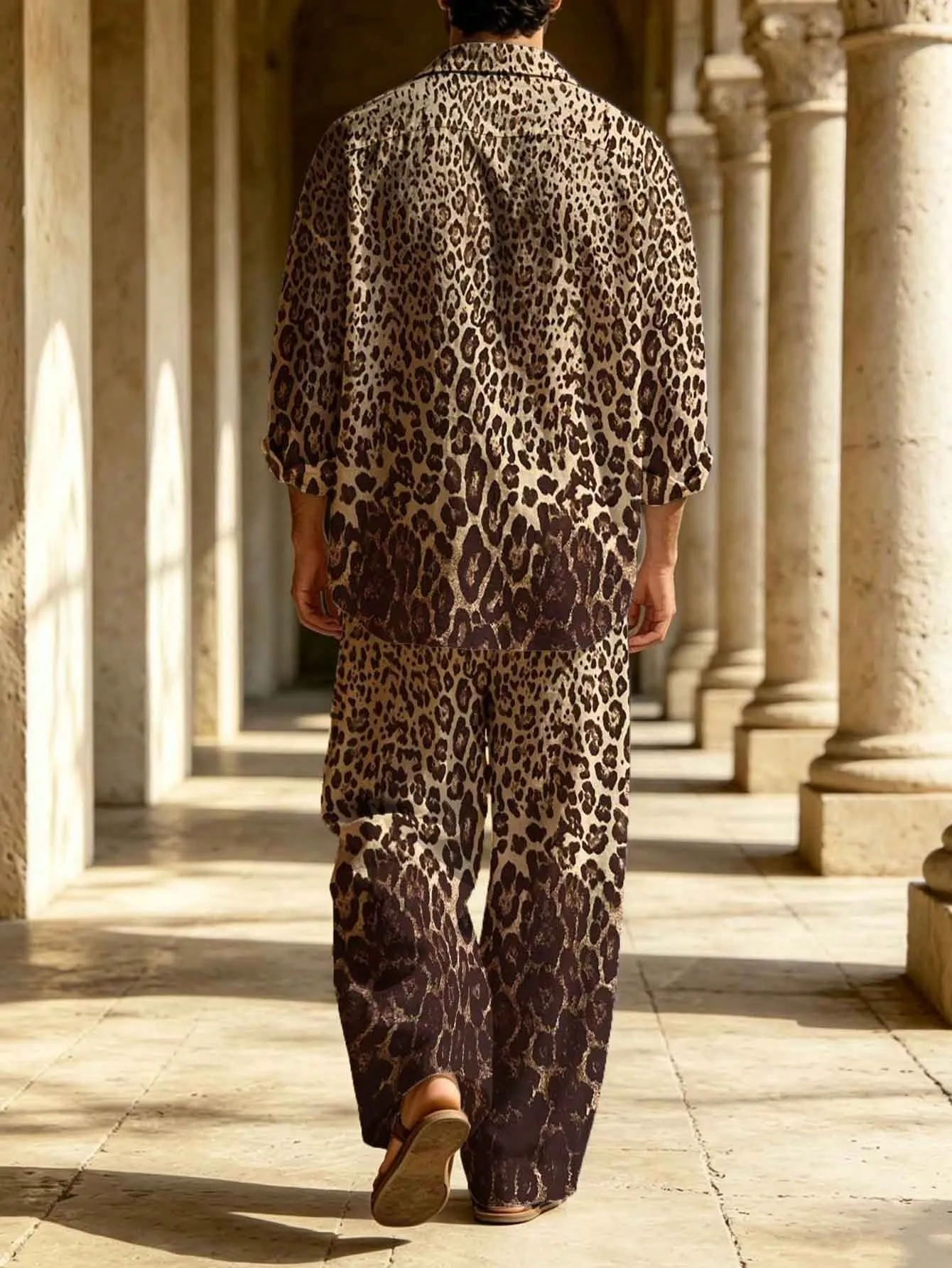 Men's Linen Gradient Leopard Print Long-Sleeve Shirt With Turn-Down Collar + Drawstring Wide-Leg Pants Two-Piece Set
