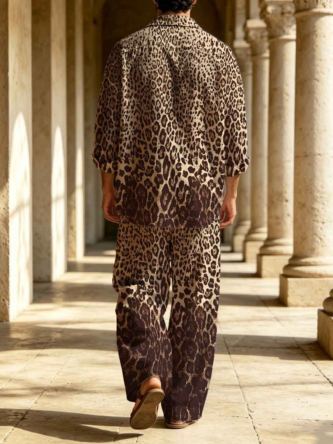Men's Linen Gradient Leopard Print Long-Sleeve Shirt With Turn-Down Collar + Drawstring Wide-Leg Pants Two-Piece Set