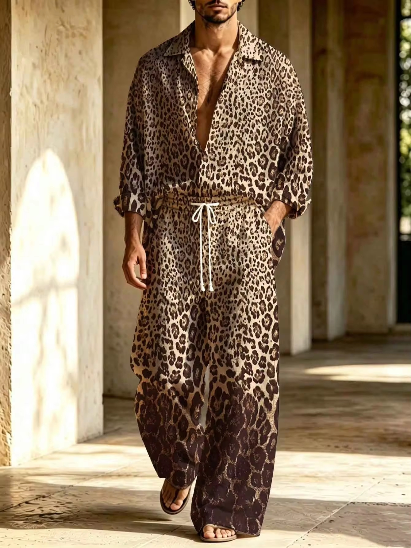 Men's Linen Gradient Leopard Print Long-Sleeve Shirt With Turn-Down Collar + Drawstring Wide-Leg Pants Two-Piece Set