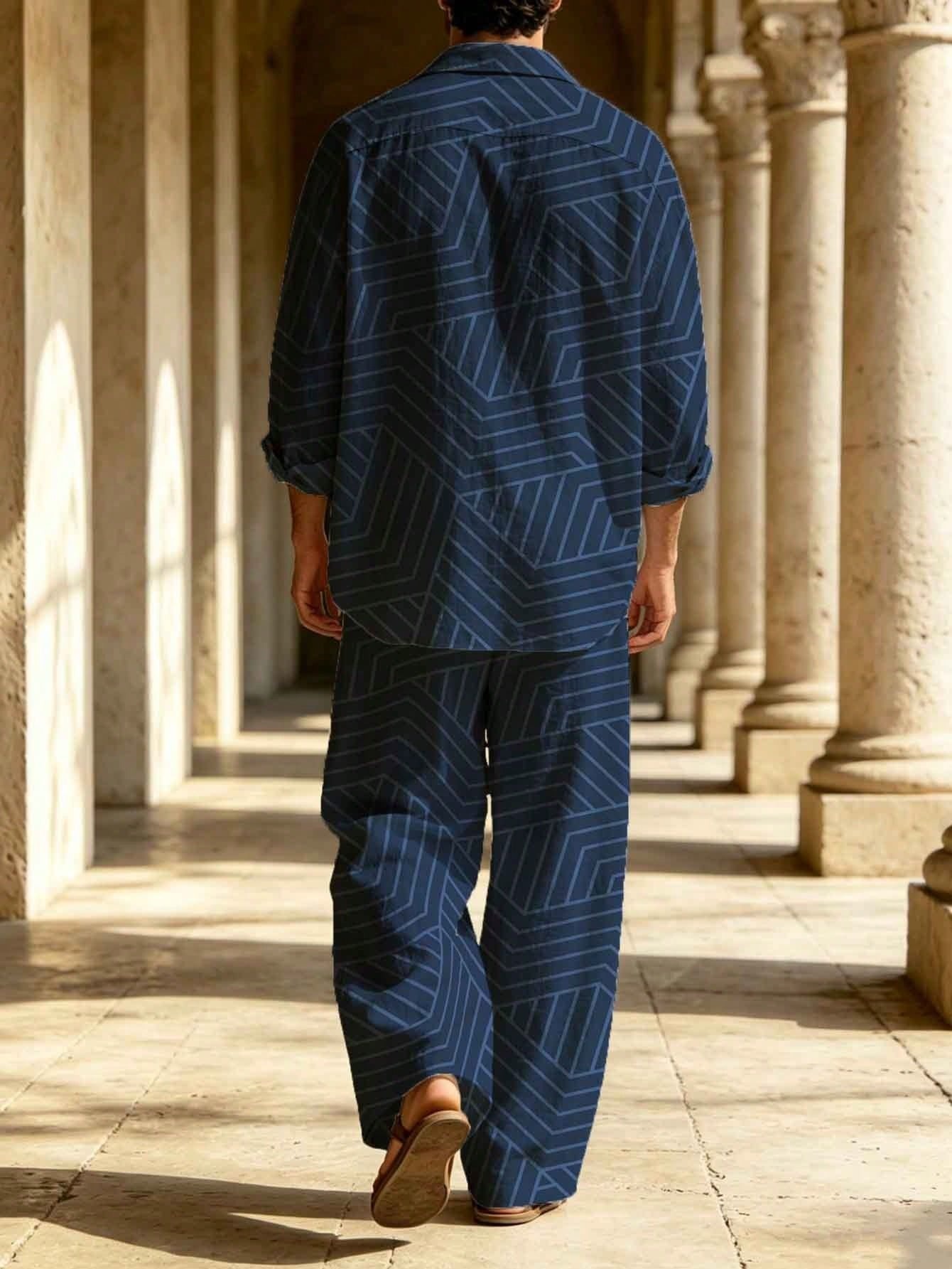 Men's Linen Navy Geometric Print Long-Sleeve Shirt With Turn-Down Collar + Drawstring Wide-Leg Pants Two-Piece Set