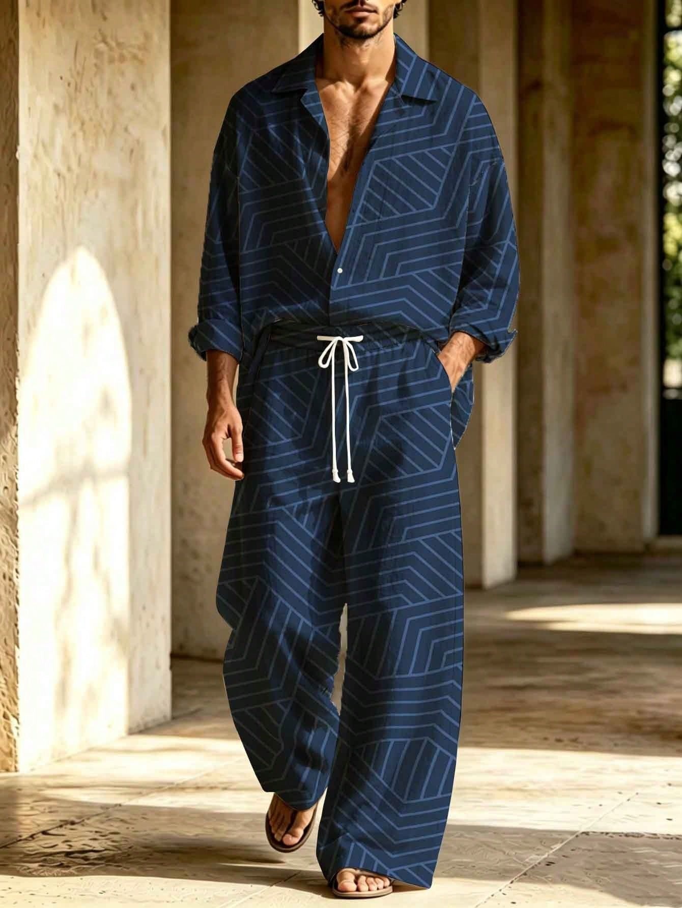 Men's Linen Navy Geometric Print Long-Sleeve Shirt With Turn-Down Collar + Drawstring Wide-Leg Pants Two-Piece Set