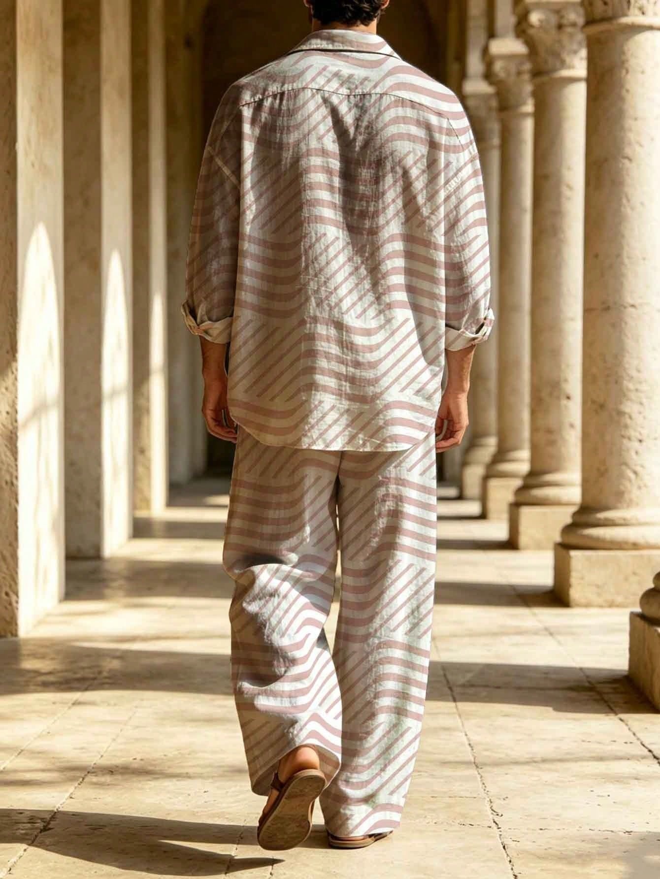 Men's Linen Pink And White Striped Printed Long-Sleeve Shirt With A Turn-Down Collar + Drawstring Wide-Leg Pants Two-Piece Set