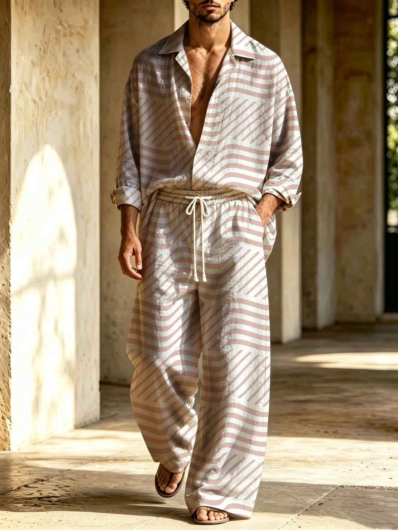 Men's Linen Pink And White Striped Printed Long-Sleeve Shirt With A Turn-Down Collar + Drawstring Wide-Leg Pants Two-Piece Set