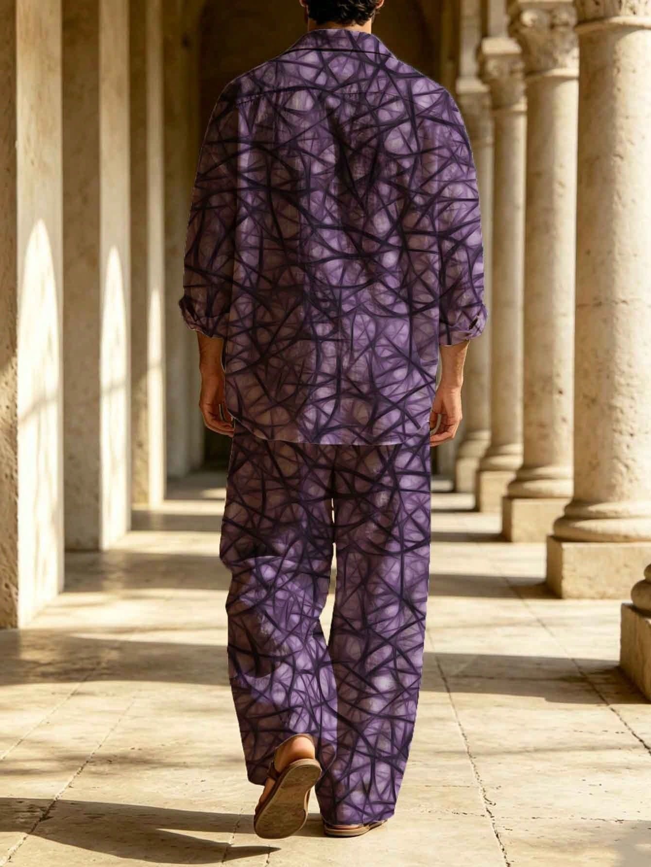 Men's Linen Purple Abstract Line Print Long-Sleeve Shirt With Turn-Down Collar + Drawstring Wide-Leg Pants Two-Piece Set