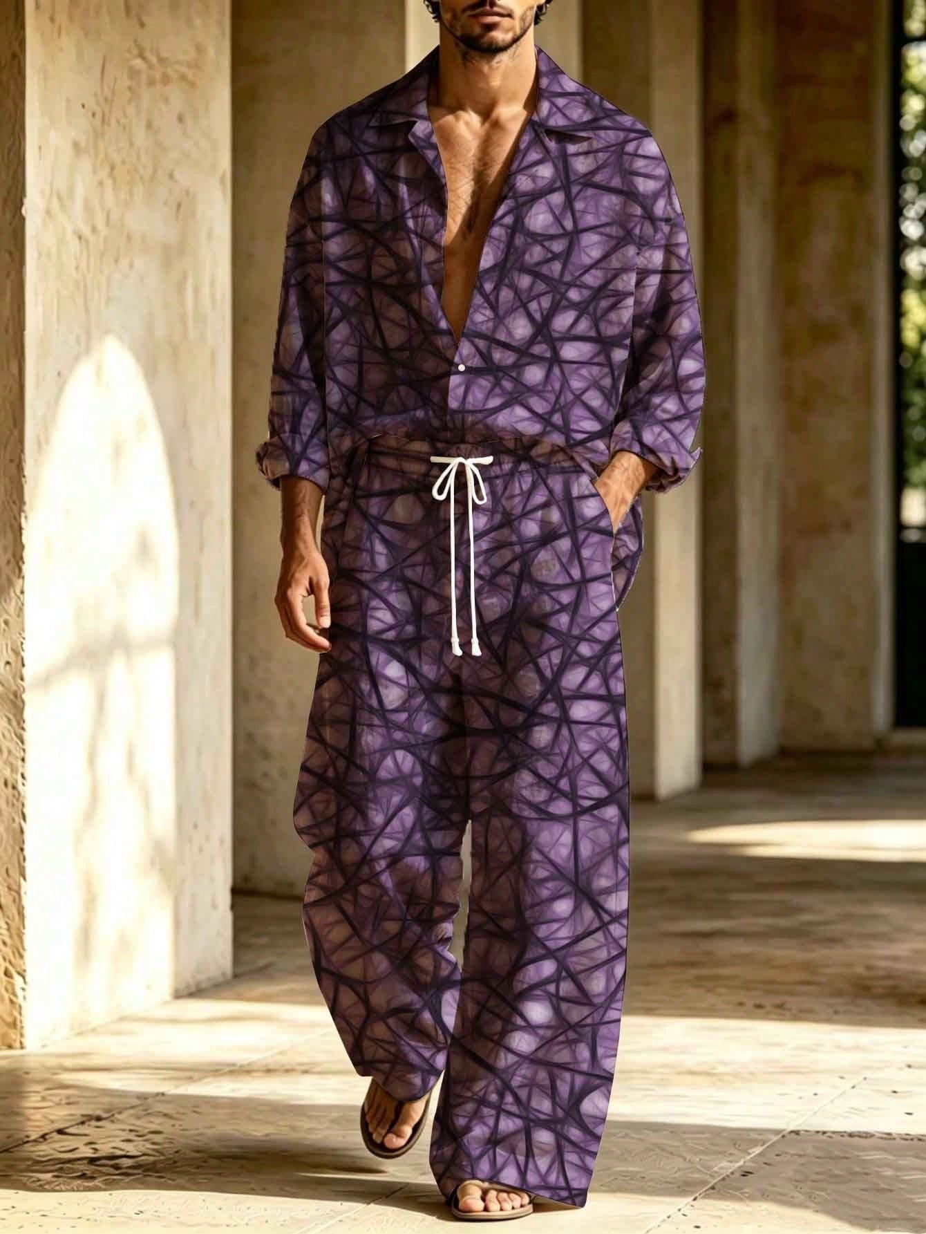 Men's Linen Purple Abstract Line Print Long-Sleeve Shirt With Turn-Down Collar + Drawstring Wide-Leg Pants Two-Piece Set