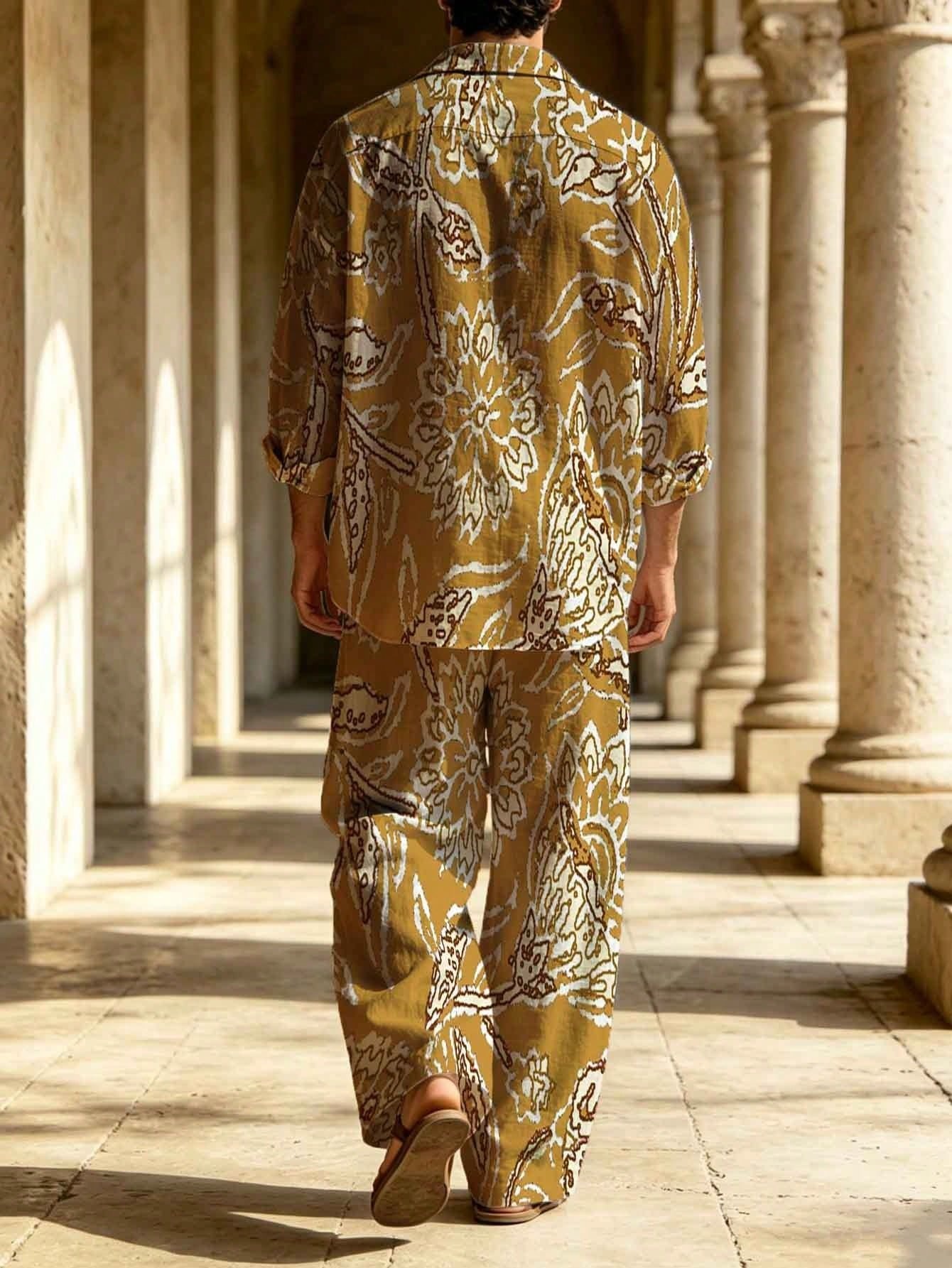 Men's Plus-Size Casual Collared Shirt Two-Piece Set, Exotic Paisley Pattern All-Over Printed Wide-Leg Pants Suit