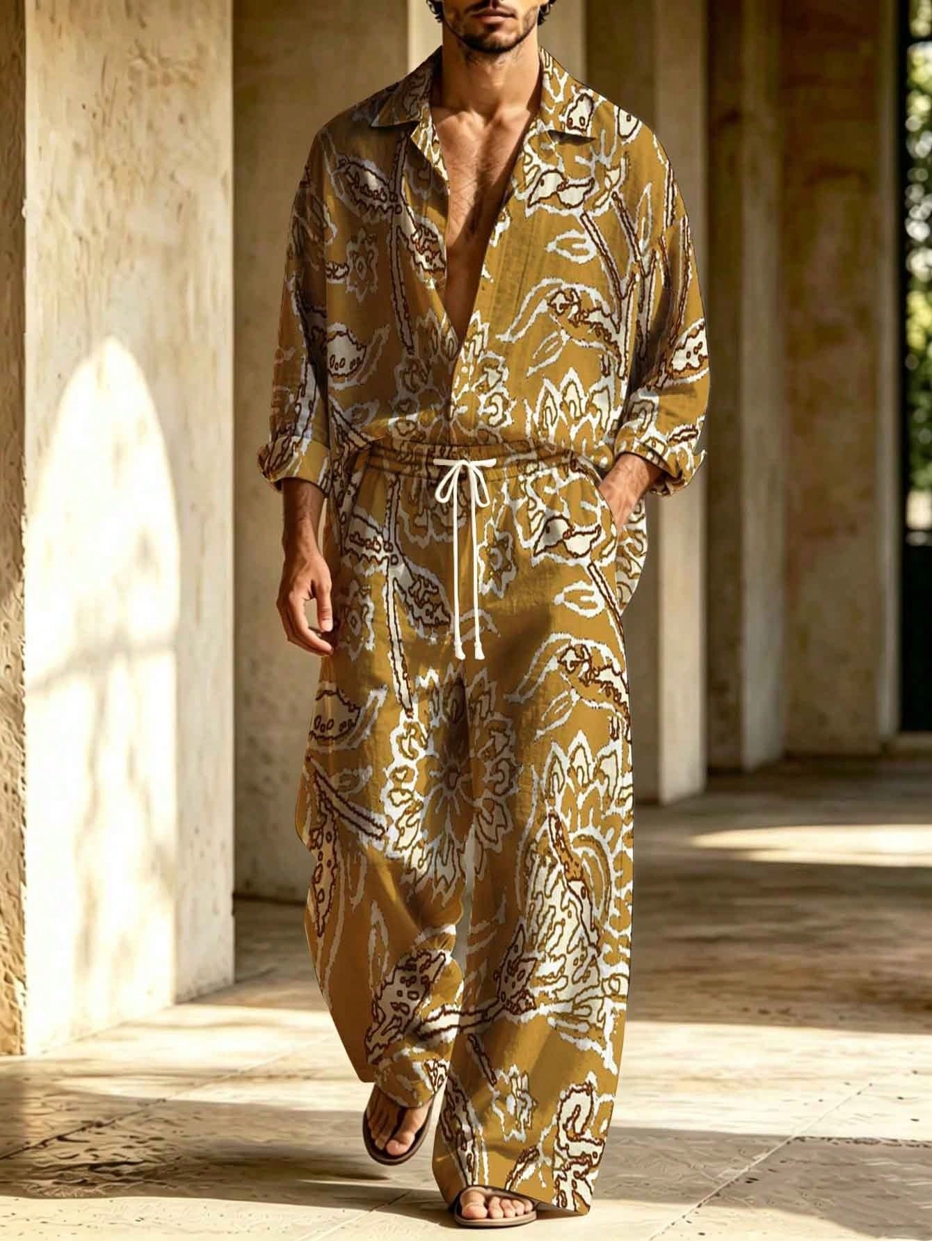 Men's Plus-Size Casual Collared Shirt Two-Piece Set, Exotic Paisley Pattern All-Over Printed Wide-Leg Pants Suit