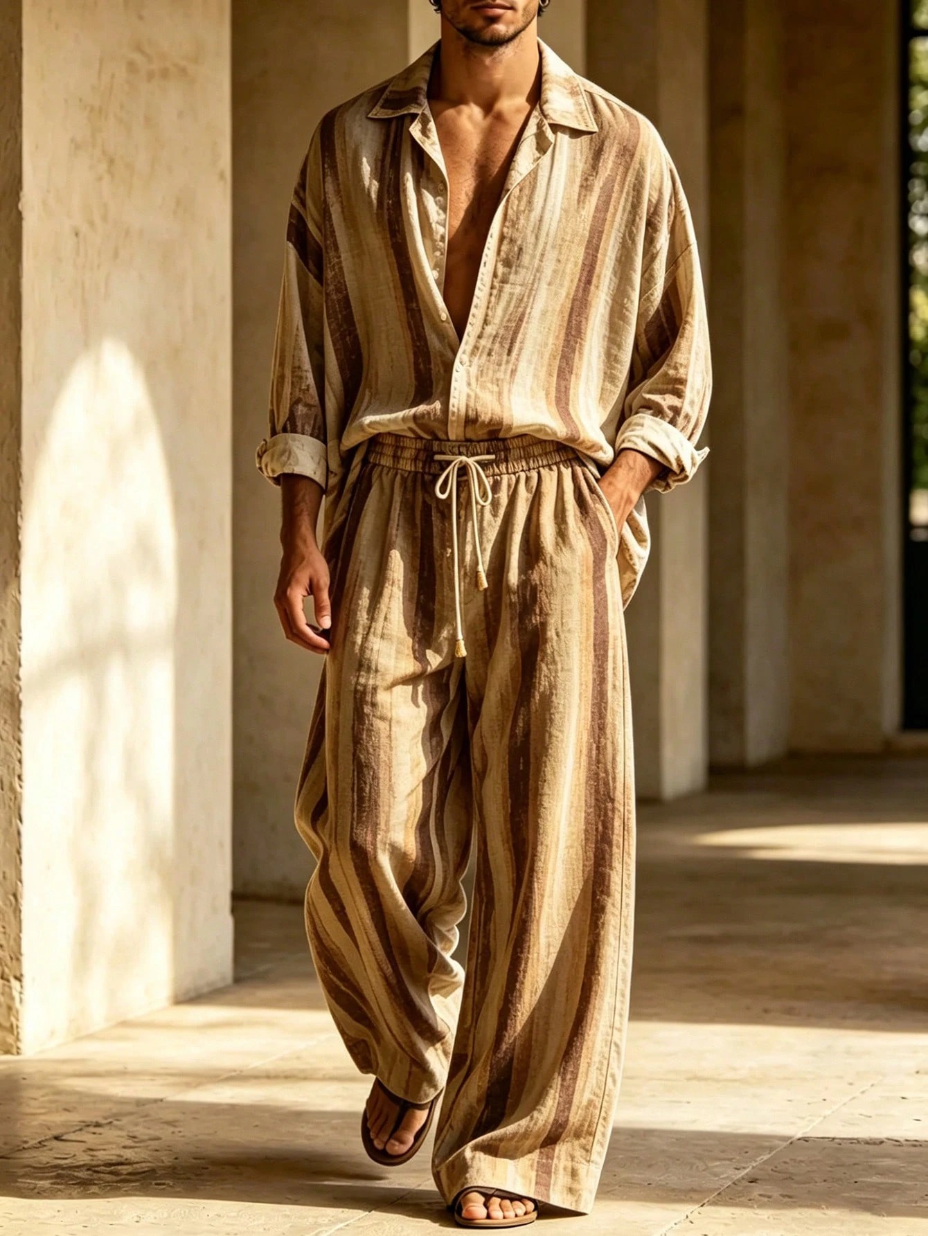 Men's Retro Brown-Toned Striped Digital Print Casual Suit 