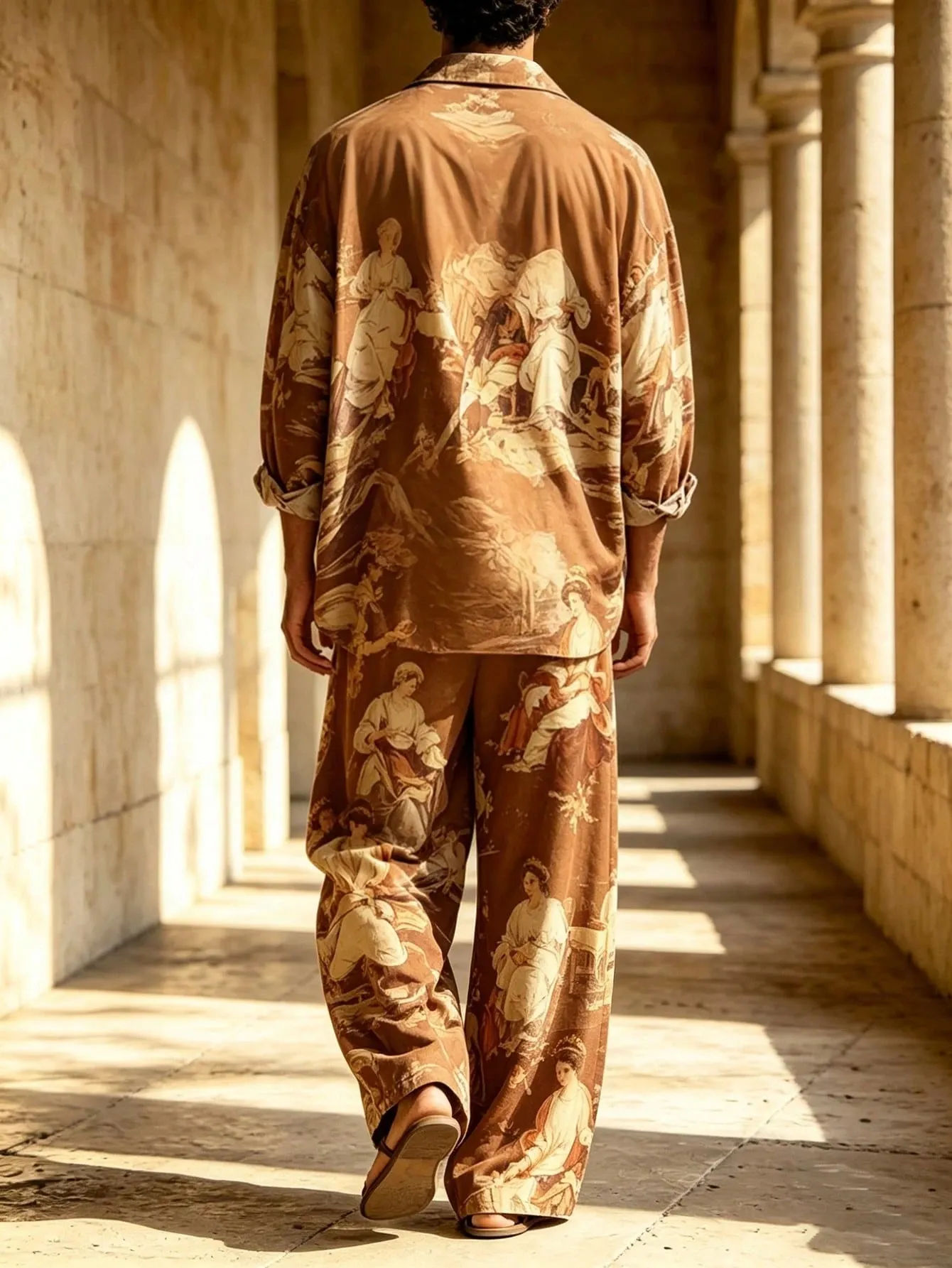 Men's Casual  Artistic Print Long-Sleeve Shirt And Wide-Leg Pants Two-Piece Set