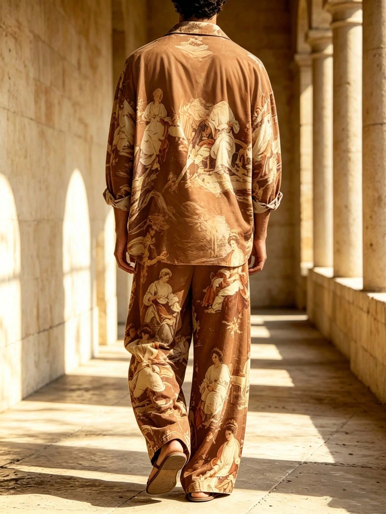 Men's Casual  Artistic Print Long-Sleeve Shirt And Wide-Leg Pants Two-Piece Set