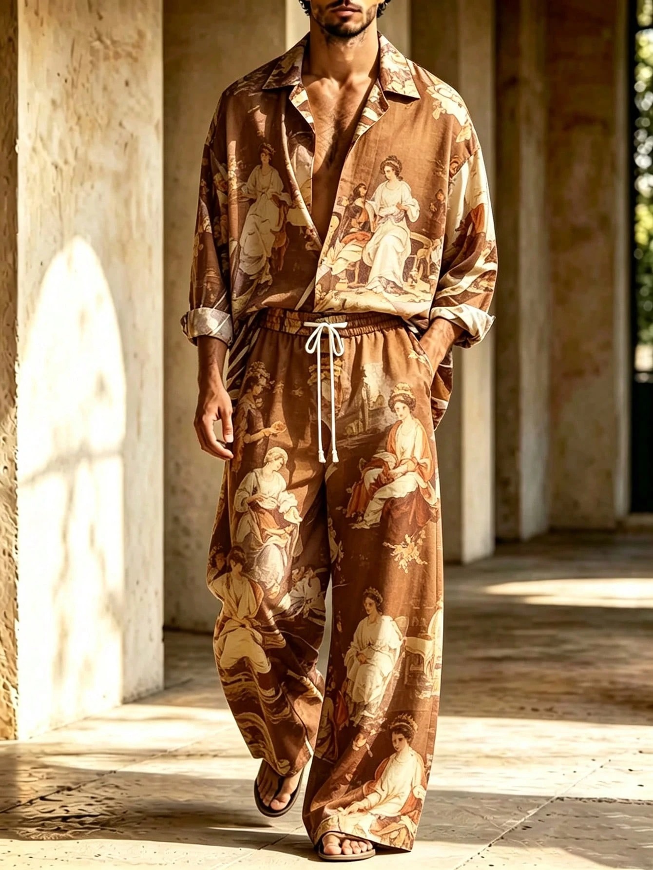Men's Casual  Artistic Print Long-Sleeve Shirt And Wide-Leg Pants Two-Piece Set