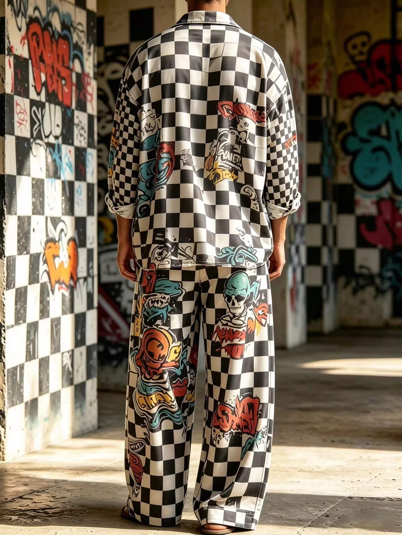 Men's Street Style Cool Graffiti Checkerboard Digital Print Two-Piece Set