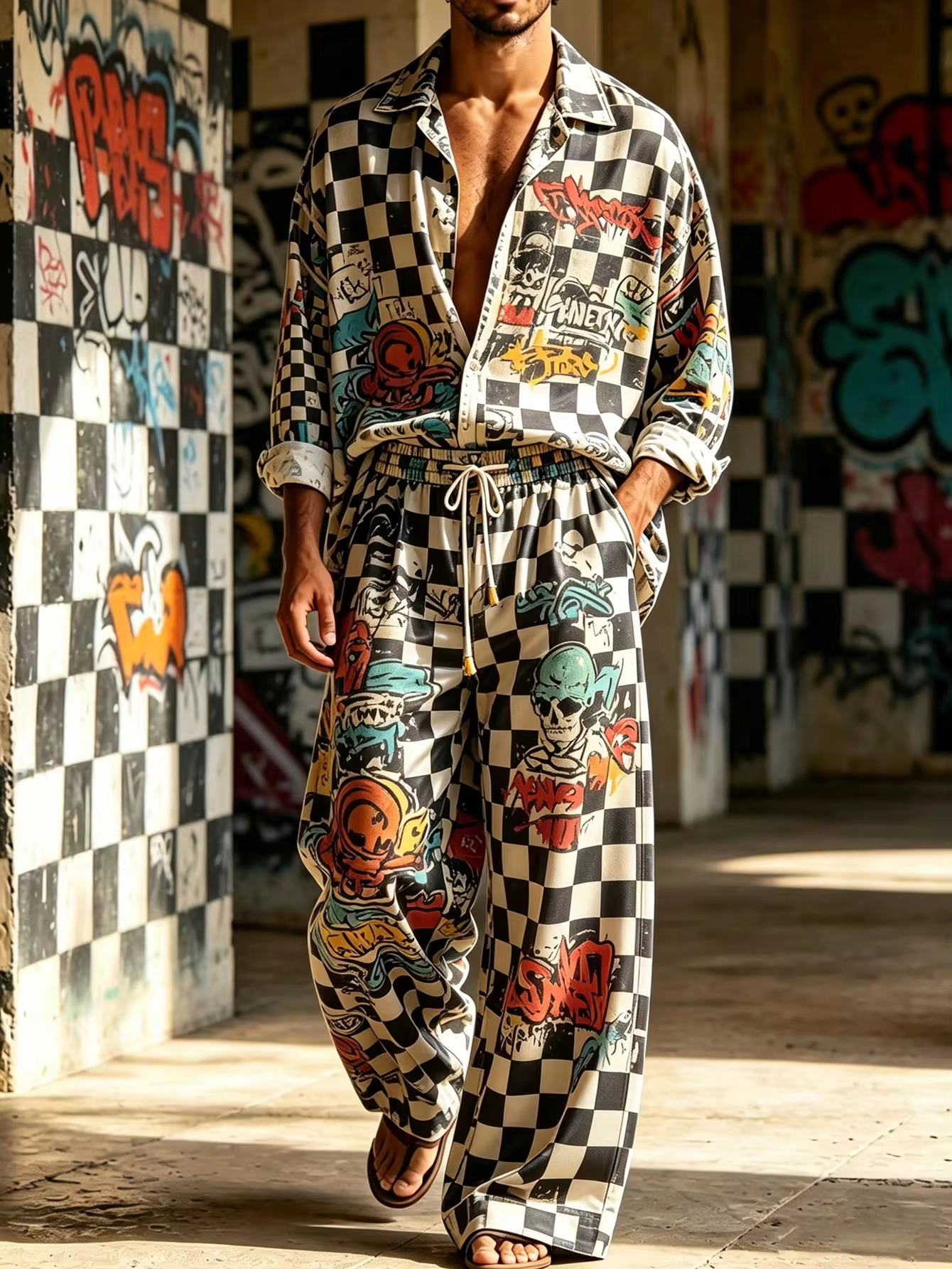 Men's Street Style Cool Graffiti Checkerboard Digital Print Two-Piece Set