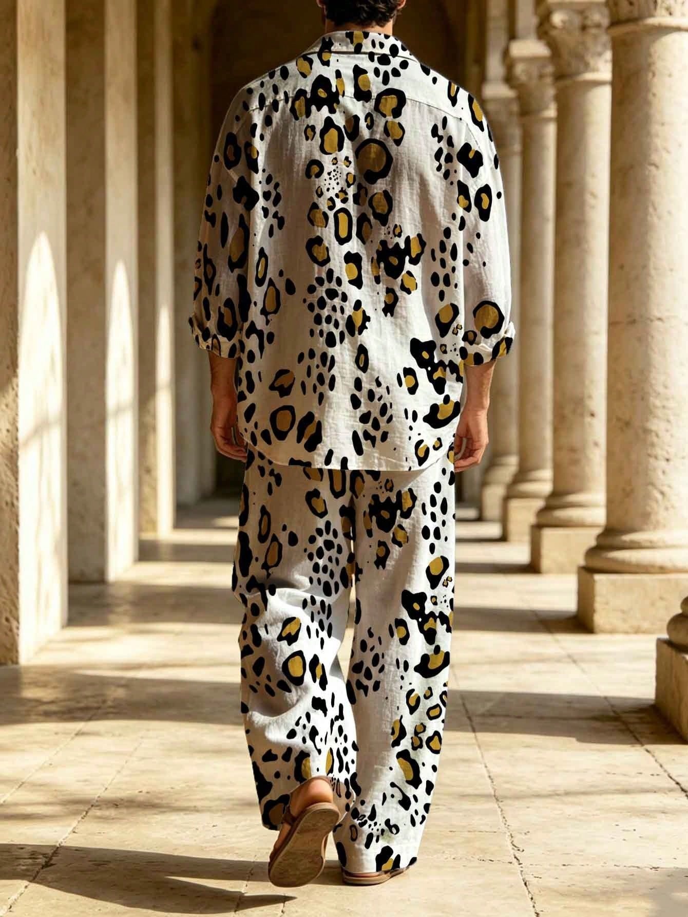 Men's Vintage Stylish White Shirt With Yellow And Black Leopard Print, Turn-Down Collar, Long Sleeves + Drawstring Wide-Leg Pants Two-Piece Set
