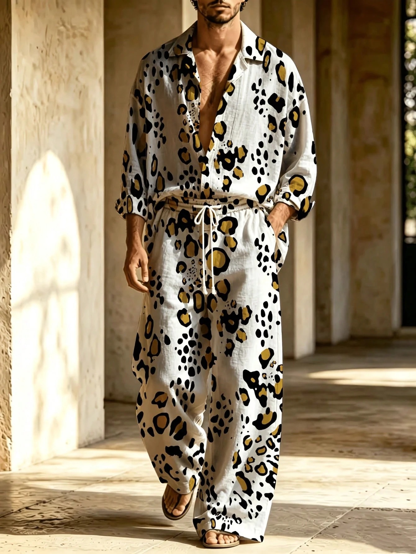 Men's Vintage Stylish White Shirt With Yellow And Black Leopard Print, Turn-Down Collar, Long Sleeves + Drawstring Wide-Leg Pants Two-Piece Set