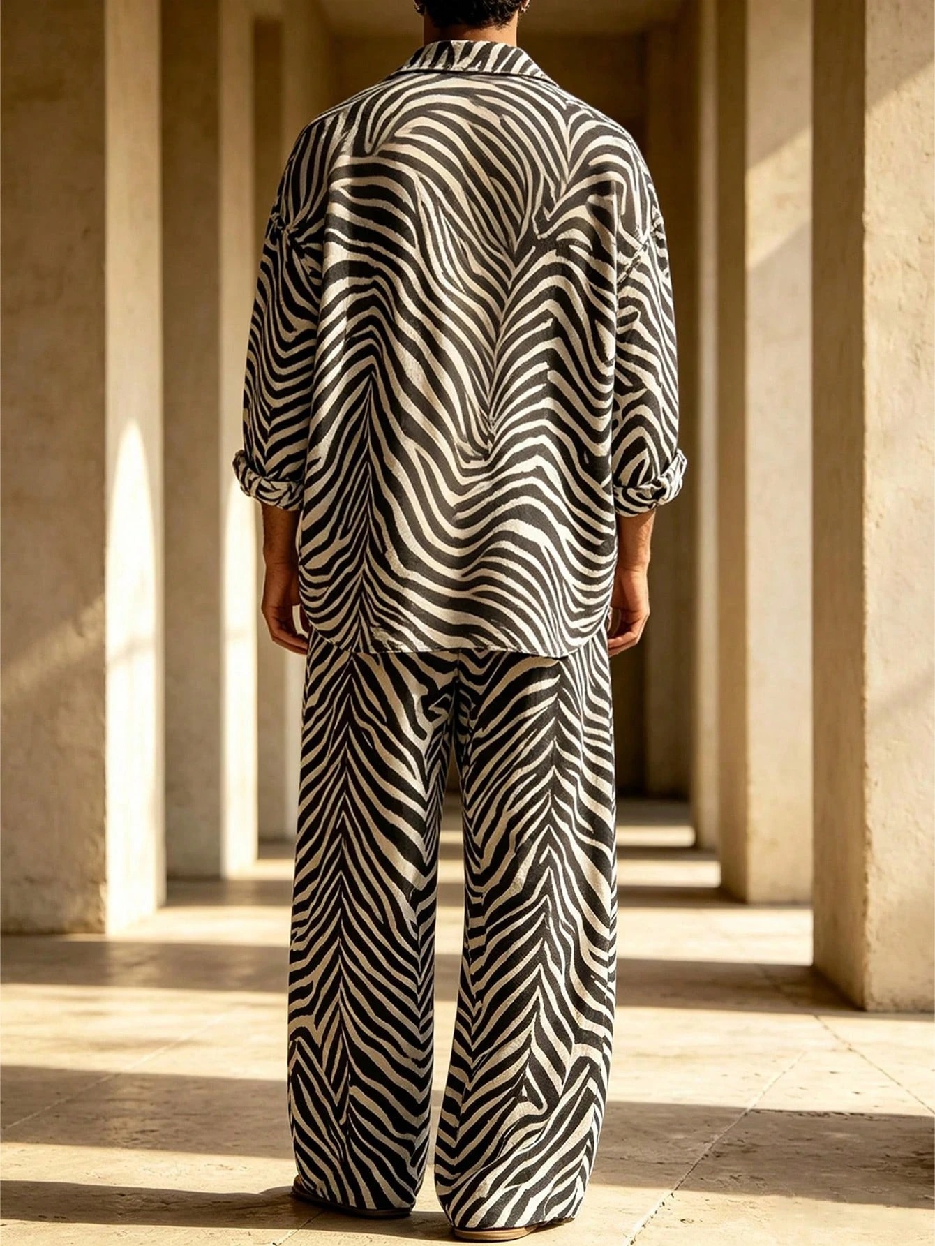 Men's Zebra Print Digital Print Casual Suit Spring_Summer Vacation Daily Commuting Loose Fit Turn-Down Collar Long Sleeve Shirt Drawstring Wide-Leg Pants