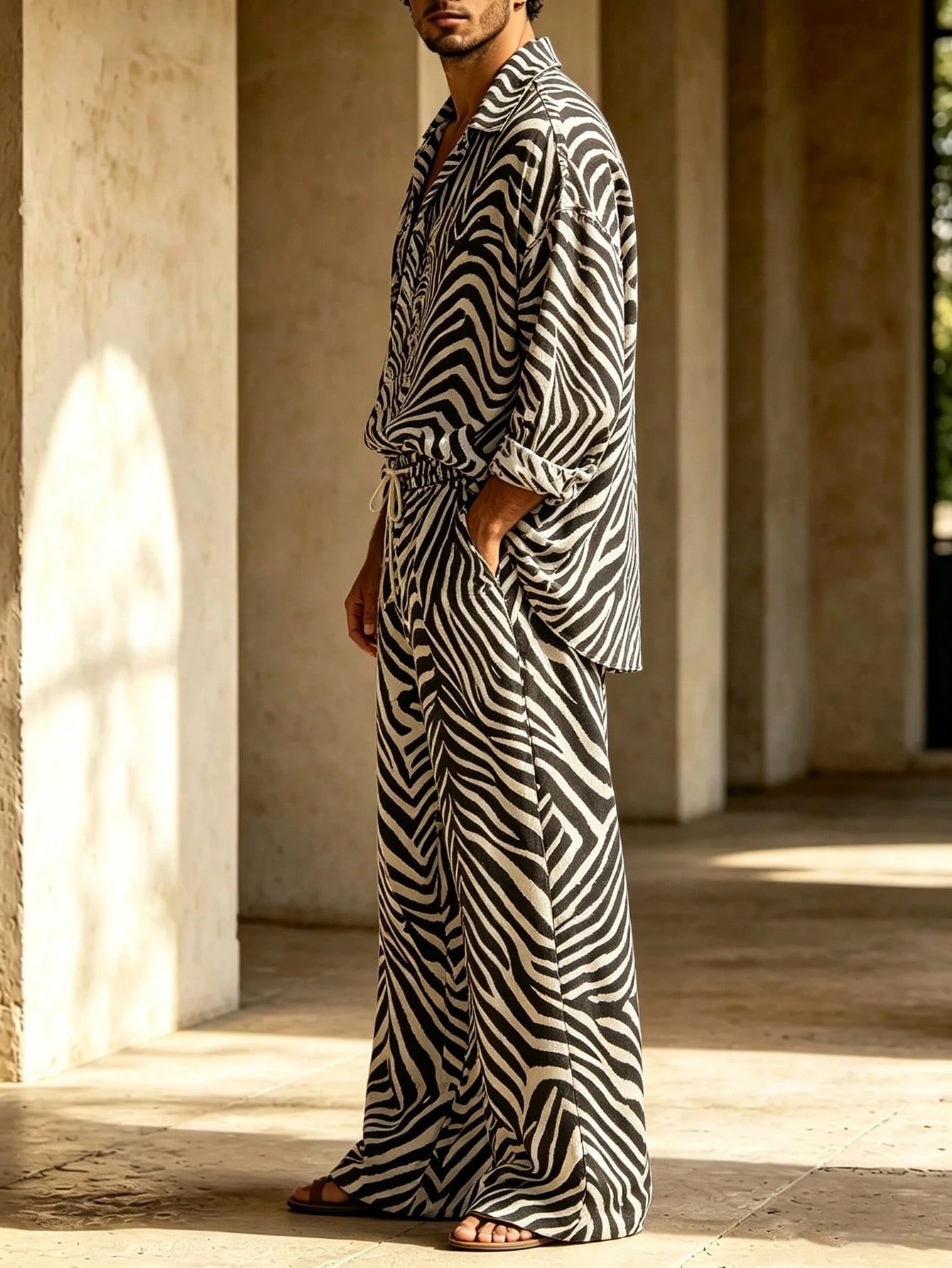 Men's Zebra Print Digital Print Casual Suit Spring_Summer Vacation Daily Commuting Loose Fit Turn-Down Collar Long Sleeve Shirt Drawstring Wide-Leg Pants