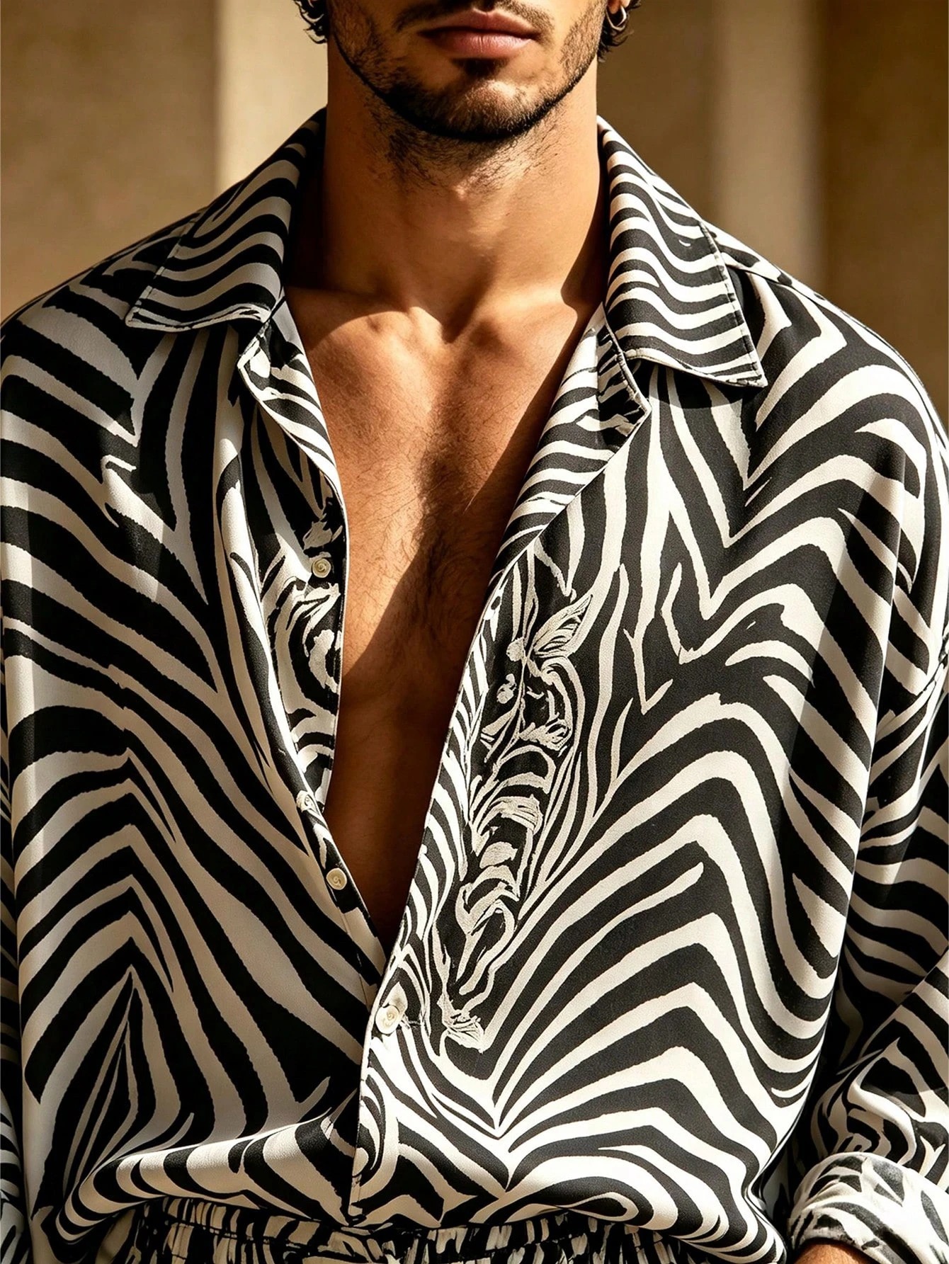 Men's Zebra Print Digital Print Casual Suit Spring_Summer Vacation Daily Commuting Loose Fit Turn-Down Collar Long Sleeve Shirt Drawstring Wide-Leg Pants