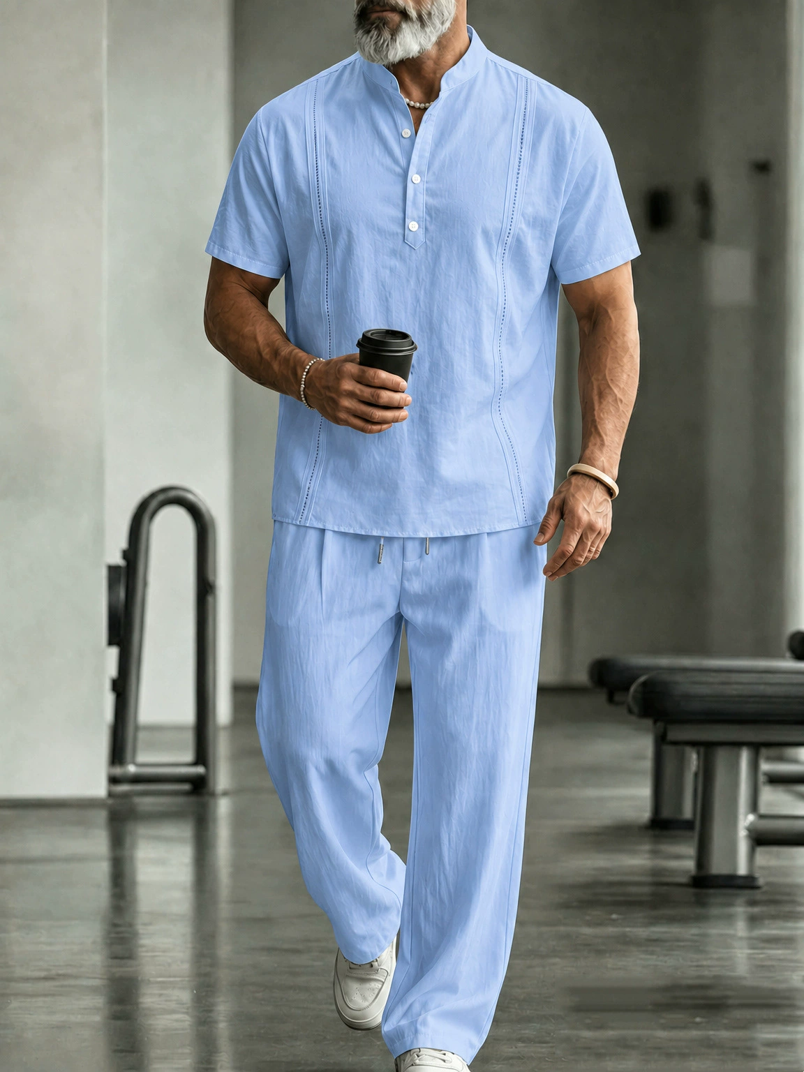 Men's Casual Linen Short Sleeve Shirt And Pants Two-Piece Set