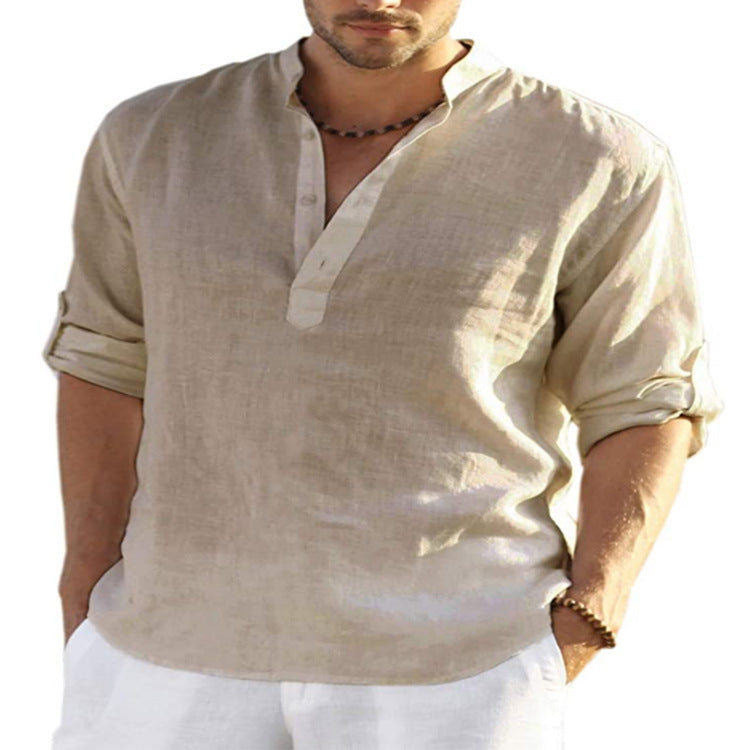 Men's Cotton-Linen Blend Henley Shirt, Casual Roll-Up Long Sleeve V-Neck Top